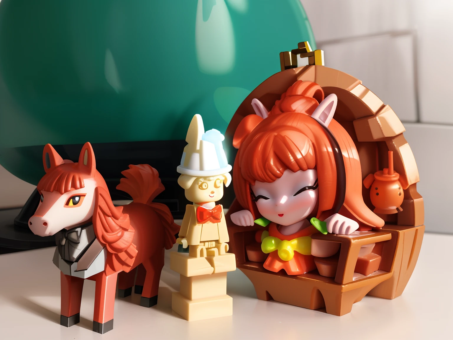 There is a small toy doll next to the walnut and the toy horse, beastars legoshi, legoshi from beastars, claymation style, claymation character, Plasticine model, soap carving, large brain in a vat, hand carved brown resin, abstract claymation, carved soap, made of wax and oil, in claymation
