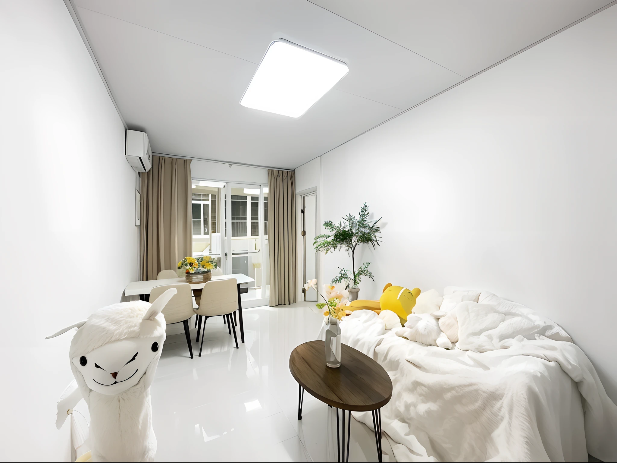 there is a room with a bed, Table, and stuffed animals, A bright room, brightly lit - style atmosphere, extremely luminous bright design, natural light in room, White warm color lighting, Very bright design, interior of a small room, cream - colored room, Bright interior, cozy and peaceful atmosphere, Bright room, White Room, bright happy atmosphere