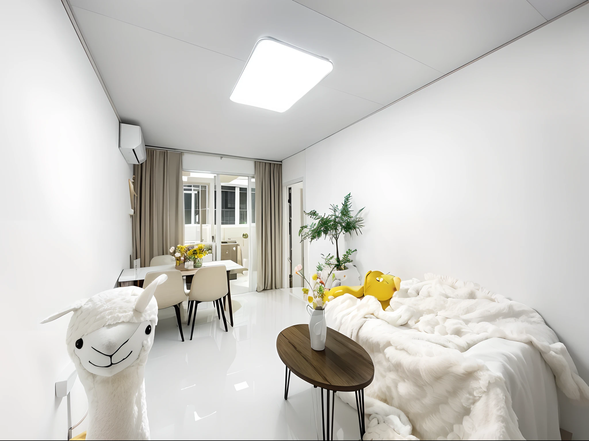 there is a room with a bed, Table, and stuffed animals, A bright room, brightly lit - style atmosphere, extremely luminous bright design, natural light in room, White warm color lighting, Very bright design, interior of a small room, cream - colored room, Bright interior, cozy and peaceful atmosphere, Bright room, White Room, bright happy atmosphere