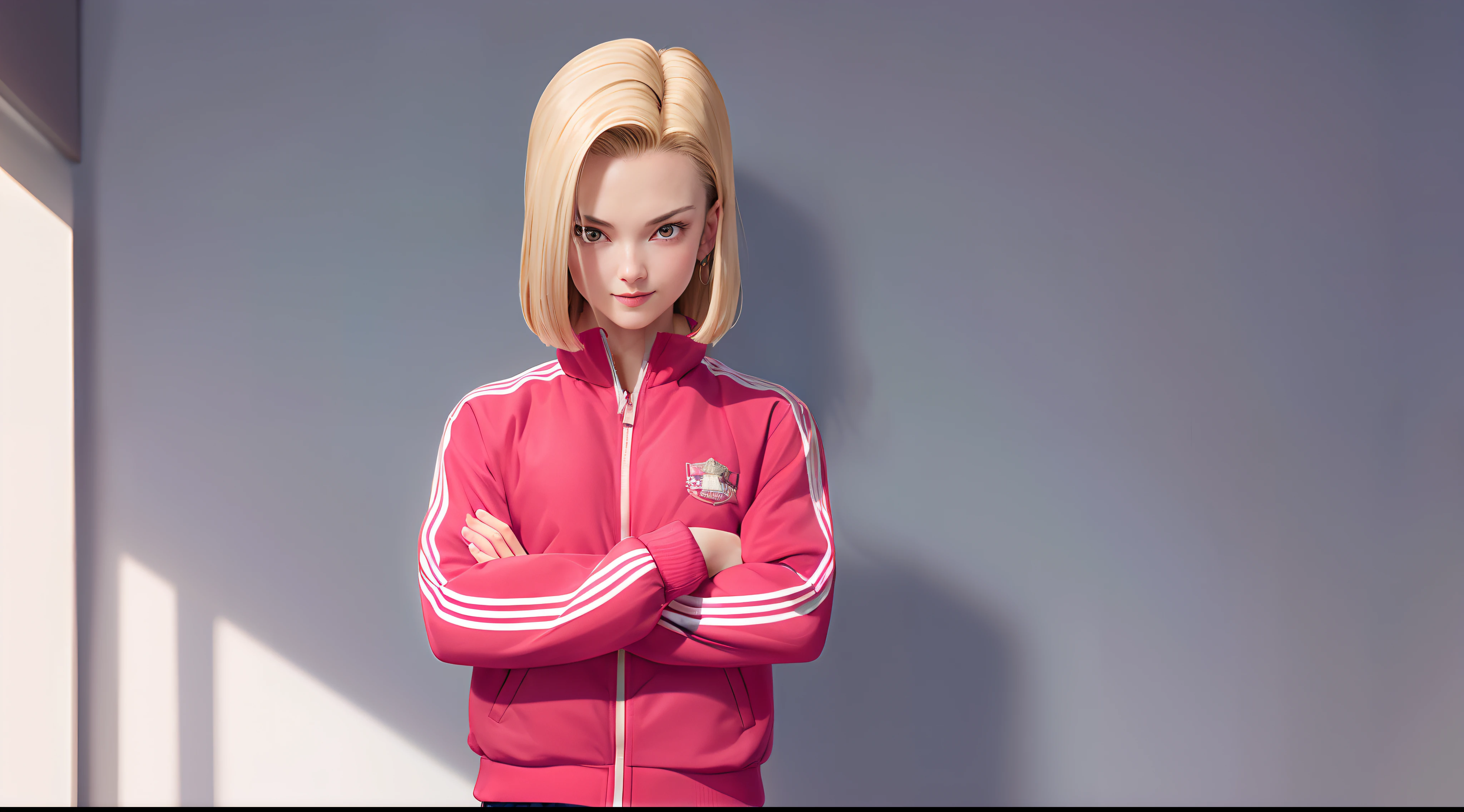 obra-prima, (fotorealista: 1.4), melhor qualidade, beautiful lighting, Android18DB, solo, brincos, joias, looking_at_viewer, jaqueta, sorriso, seios, simple_background, grey_background, long_sleeves, Slacks, track_jacket, track_suit, crossed_arms, pink_jacket, red_jacket, foto RAW, 8k uhd, grain of film,