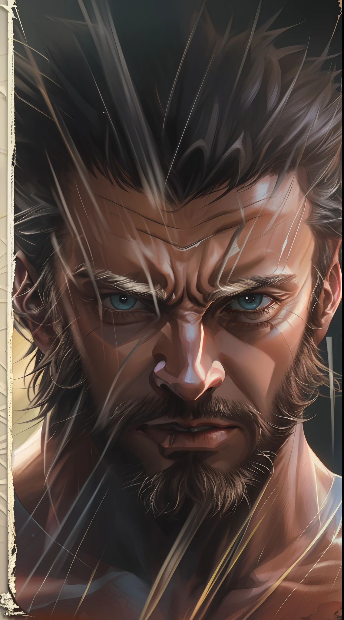 Hugh Jackman as Wolverine, VHS Effect, (Poster: 1.6), Poster on the Wall, Nostalgia, Movie Poster, Portrait, Close-up (Skin Texture), Intricate Detail, Fine Detail, Hyperdetail, Ray Tracing, Subsurface Scattering, Diffuse Soft Light, Shallow Depth of Field, by Oliver Wetter