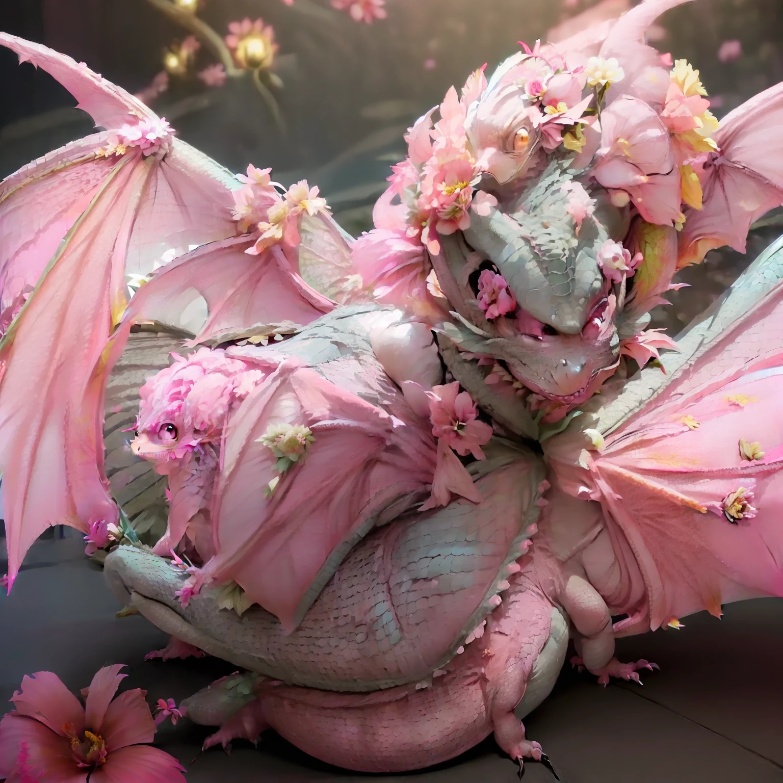 (Pink Dragon:1.8) ,(Gray reptilian face:1.3), Spit out red flame from the mouth,(Wearing flower fairy wings:1.8) sharp toenails,fullmoon,intergalactic