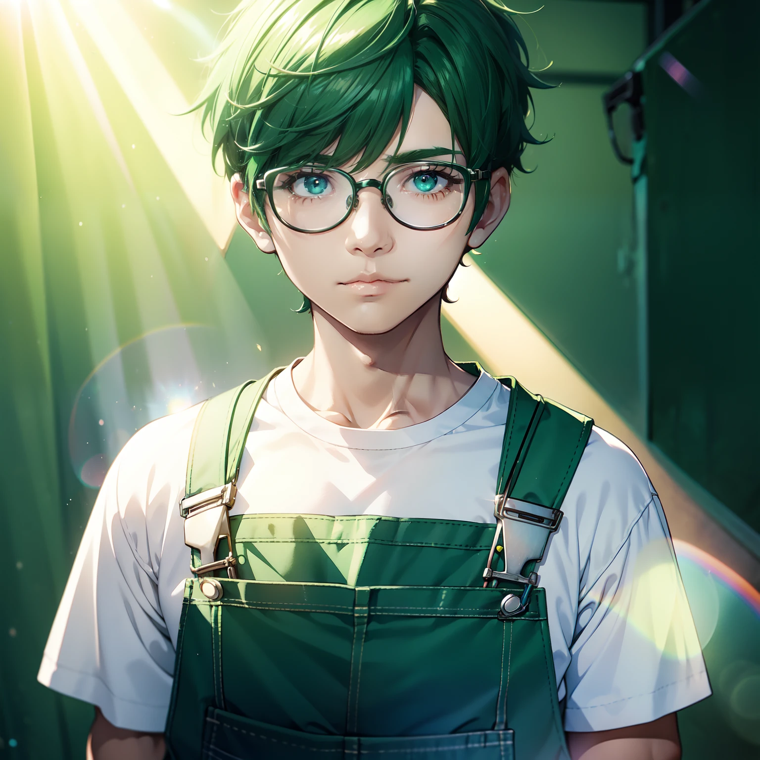 A man with very short green hair who is a little fat、wears glasses、Wearing overalls、Holding a spanner in your hand、softfocus、Colorful light gradient、watercolor paiting、lensflare、kirakira、Glow、Dreamy