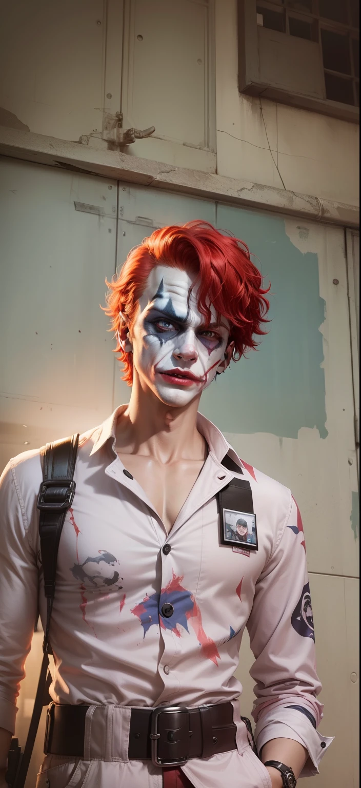 create a male online game soldier with an evil clown mask that shows his entire body
