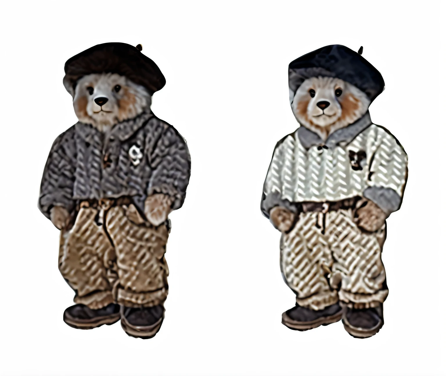 There are two teddy bears standing side by side, four humanoid bears, Bears, Two different characters, teddy fresh, two male, adult pair of twins, full body mascot, Two characters, miniature bear, tin can, baggy clothing and hat, Detailed color scan", dressed with fluent clothes, harry volk clip art style, Top tex bottom text meme