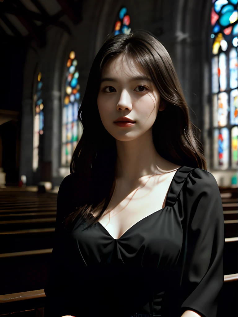 film grain style,8K ultra-high resolution,hdr,Beautiful woman standing in church in black dress,low chest,An unimaginably beautiful face,Super detailed texture,(chies),Sunlight shines in from the top,Top-down view