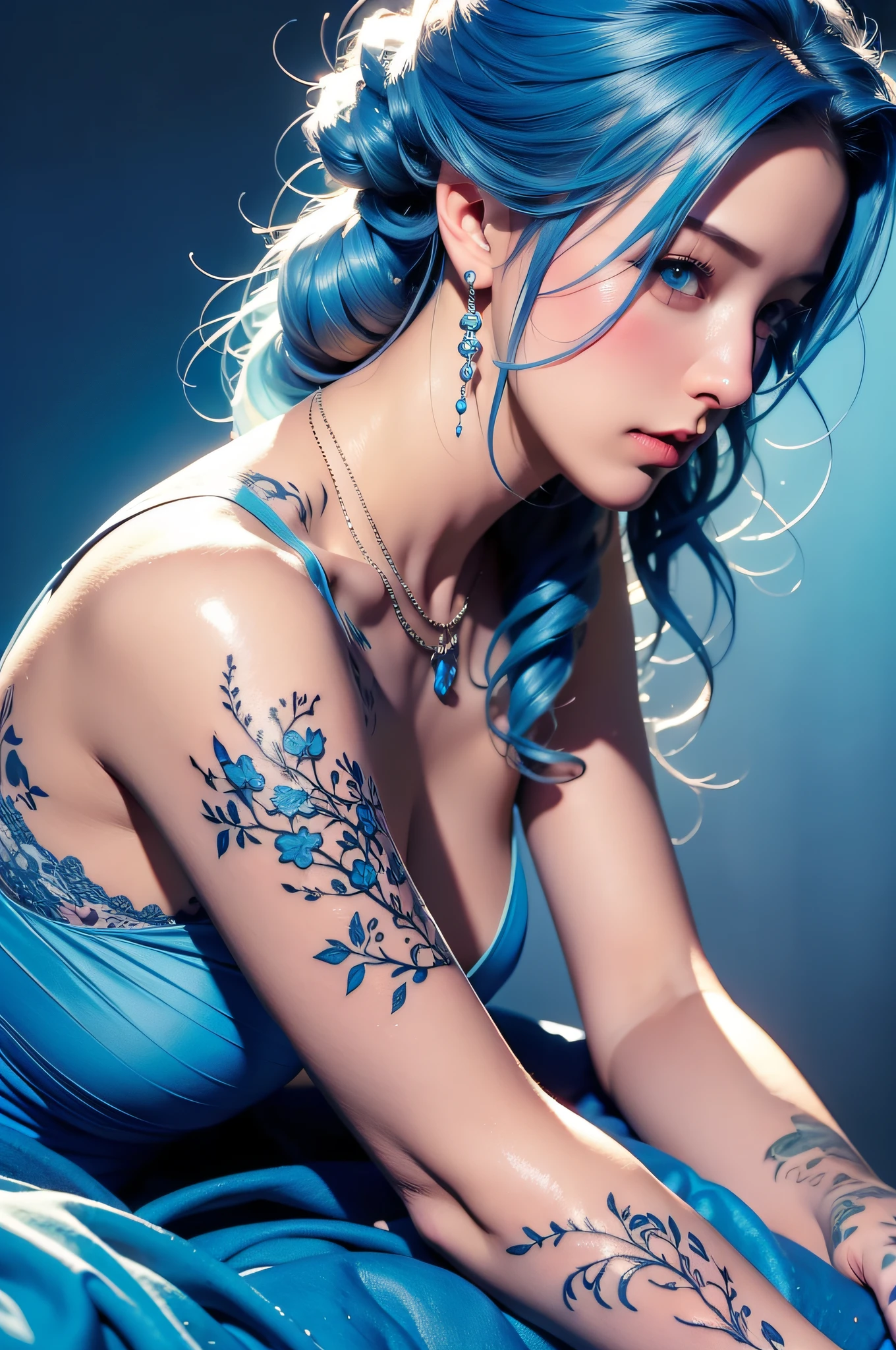 Ultra-high definition 2D art, close-up (1 woman), light blue hair, 2D animation style, soft and delicate depiction, attention also on her full-body tattoos (full-body art), landscape mode, masterpieces by Guweiz and James Jean, tattoo expert designs by CGSCOSITY, etc. A beautiful blue-haired girl who became a hot topic at the trend art station of Japan.