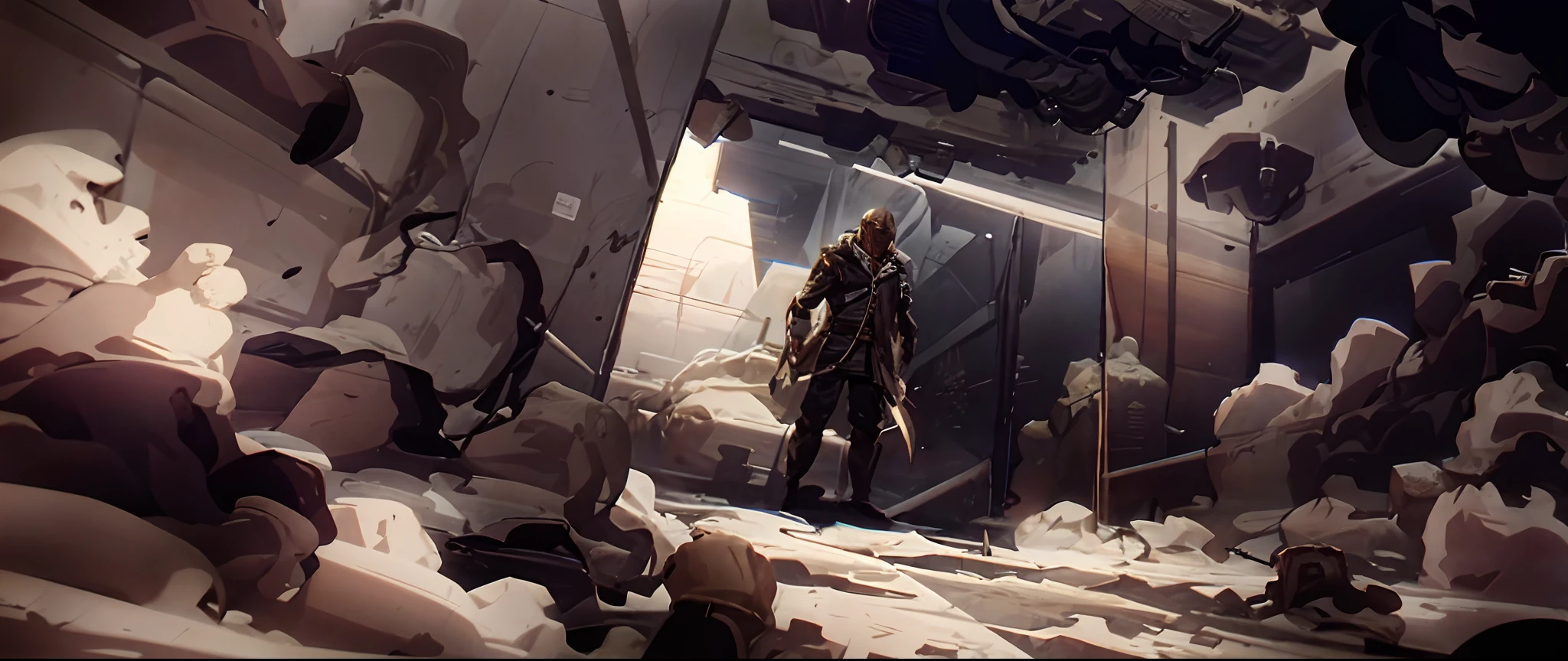 Anime scene of a man in a cloak and a sword in a room, keyframe illustration, comic concept art, keyframe, concept art for a video game, concept art scene, Anime keyframes, heavy vignette!, Animate, published concept art, stylised comic art, dark high-contrast concept art, line work concept art, arte de fundo, concept-art