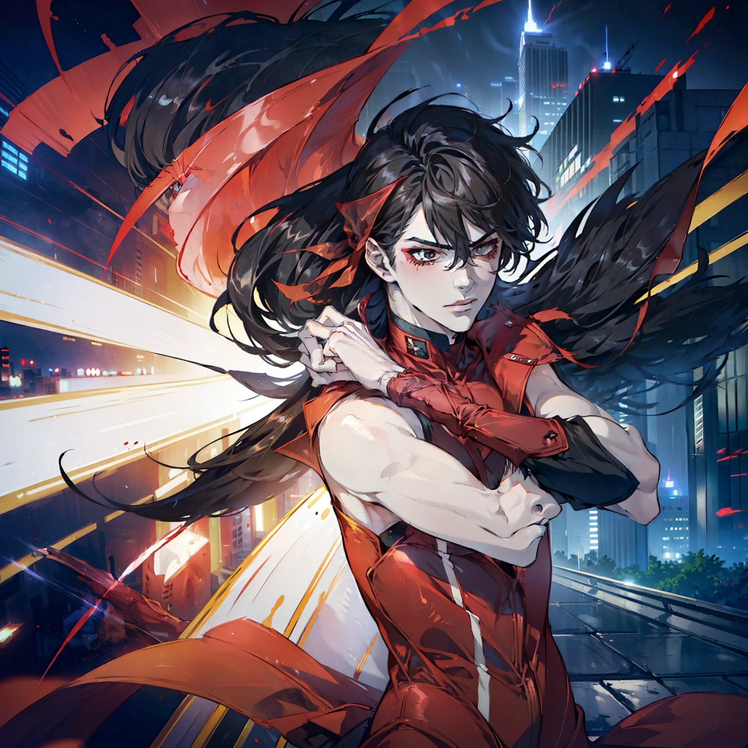 ((Burstinatrix as a man )), ,helmet, ((Red bodysuit)), gloves, thighhighs
face paint, Long Black hair , Anime illustration, ((solo 1boy)), Fire effects, full body , annoyed, Frown ,embarrassed, Dynamic pose, Attacking , city Background