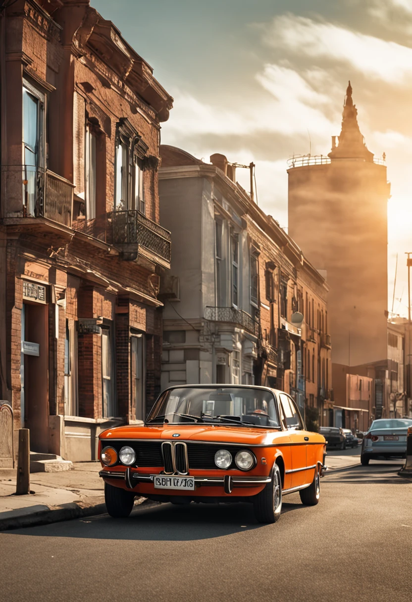 (masterpiece, high resolution, picturesque:1.2), 1970s BMW car, (retro orange exterior:1.1), iconic design, cruising along Harbor Road, (lights reflecting:1.2), bathed in sunlight, sea breeze rustling, (harbor view:1.1), waves lapping the shore, city skyline mirrored, nostalgic ambiance, interplay of light and shadow, rich layers, captivating moment, old-world street view, vintage sentiment, fading moments