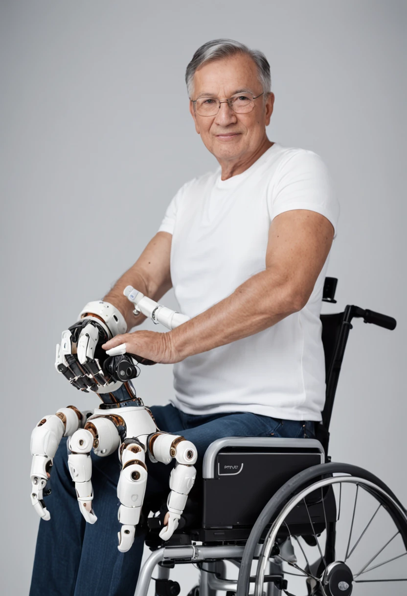 Craft an image featuring a man in a wheelchair with a robotic arm attached. Depict the man comfortably seated in the wheelchair, with the robotic arm seamlessly integrated and extending from his shoulder. Showcase the advanced design of the robotic arm, highlighting its joints, mechanisms, and functionalities. Emphasize the man's expression of independence and capability as he uses the robotic arm for various tasks. Utilize lighting to bring attention to the details of the robotic arm and the man's features. This image should capture the fusion of technology and empowerment, showcasing how assistive devices can enhance daily life.