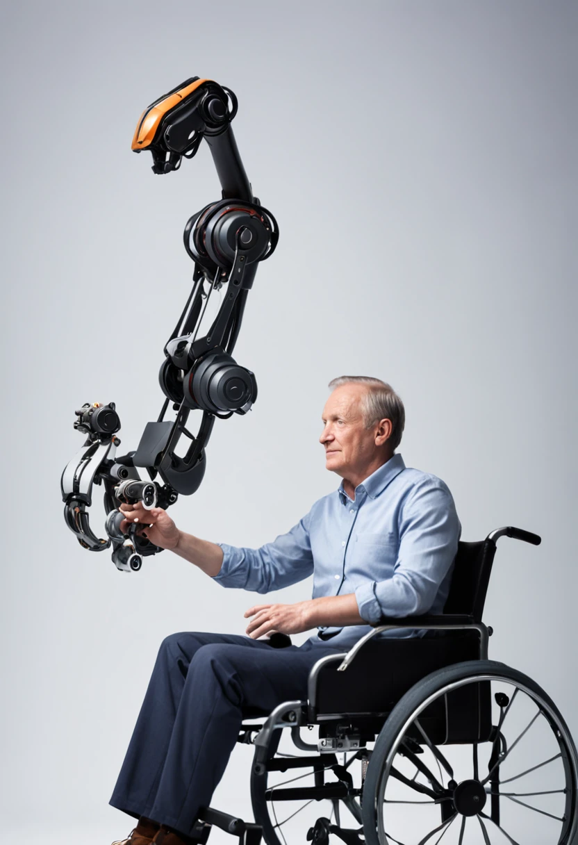 Craft an image featuring a man in a wheelchair with a robotic arm attached. Depict the man comfortably seated in the wheelchair, with the robotic arm seamlessly integrated and extending from his shoulder. Showcase the advanced design of the robotic arm, highlighting its joints, mechanisms, and functionalities. Emphasize the man's expression of independence and capability as he uses the robotic arm for various tasks. Utilize lighting to bring attention to the details of the robotic arm and the man's features. This image should capture the fusion of technology and empowerment, showcasing how assistive devices can enhance daily life.