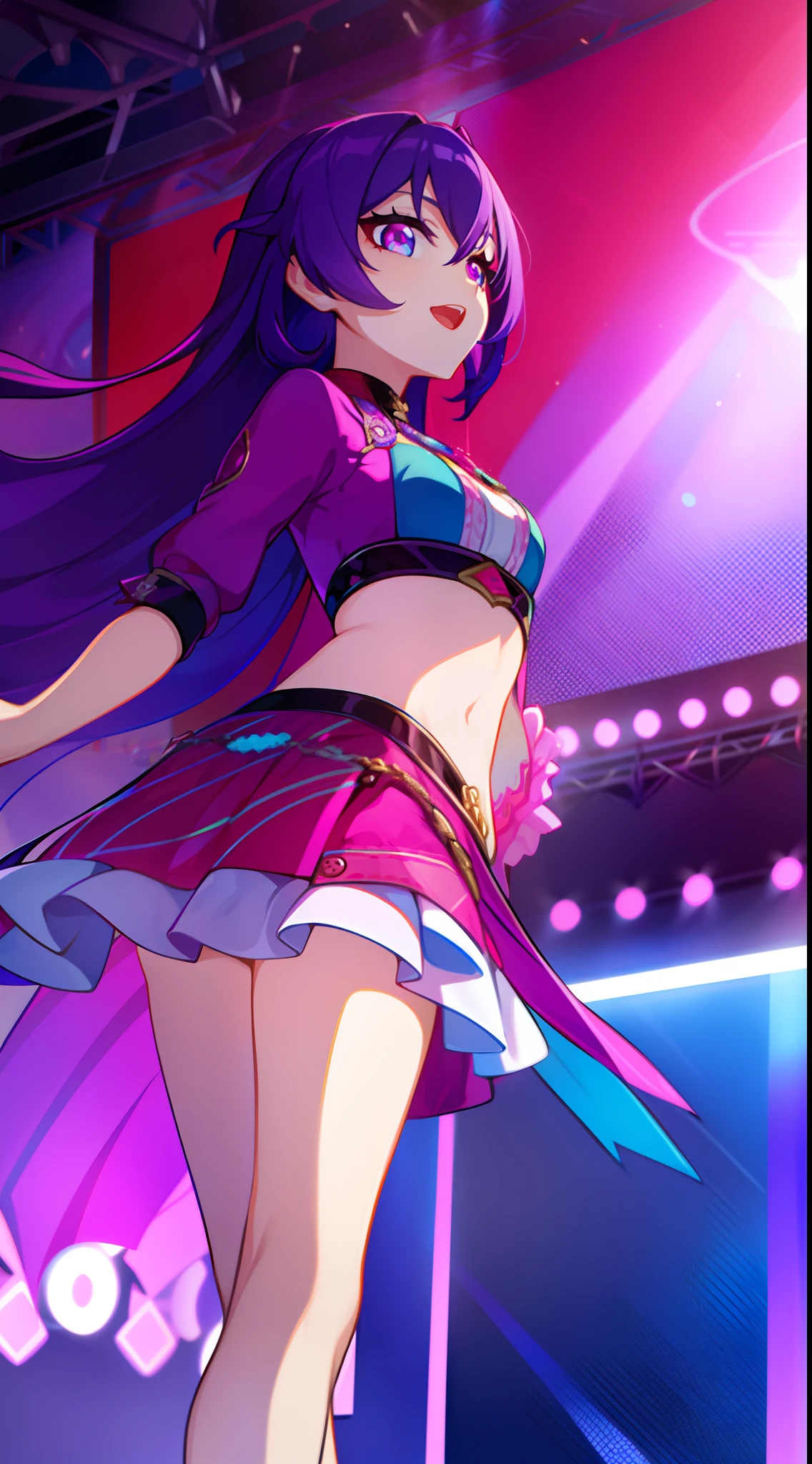 young girl, long bright purple hair, Cyan eyes, ssmile, opened mouth, pop-idol, Red Top, purple skirt, open belly, stage, Masterpiece, hiquality