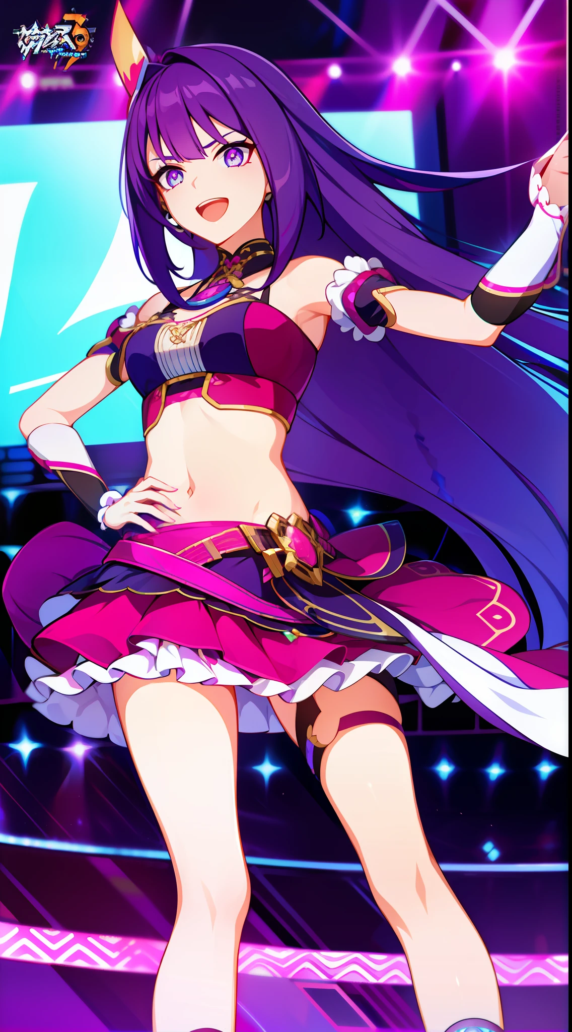 young girl, long bright purple hair, Cyan eyes, ssmile, opened mouth, pop-idol, Red Top, purple skirt, open belly, stage, Masterpiece, hiquality