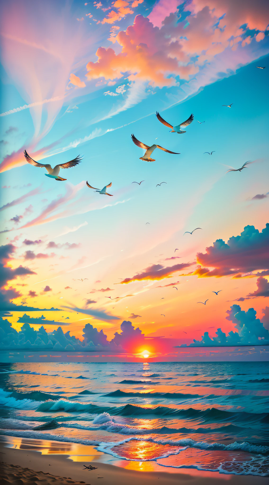 Oranges, pinks and yellows blend together to fill the sky, and the sunset over the beach is truly mesmerizing. The crystal clear waters gently kiss the coast, and the white sand beach stretches out endlessly. It's a dynamic and breathtaking scene with seagulls soaring high into the sky and palm trees gently swaying. Take in the calm atmosphere and peace will wash you away.