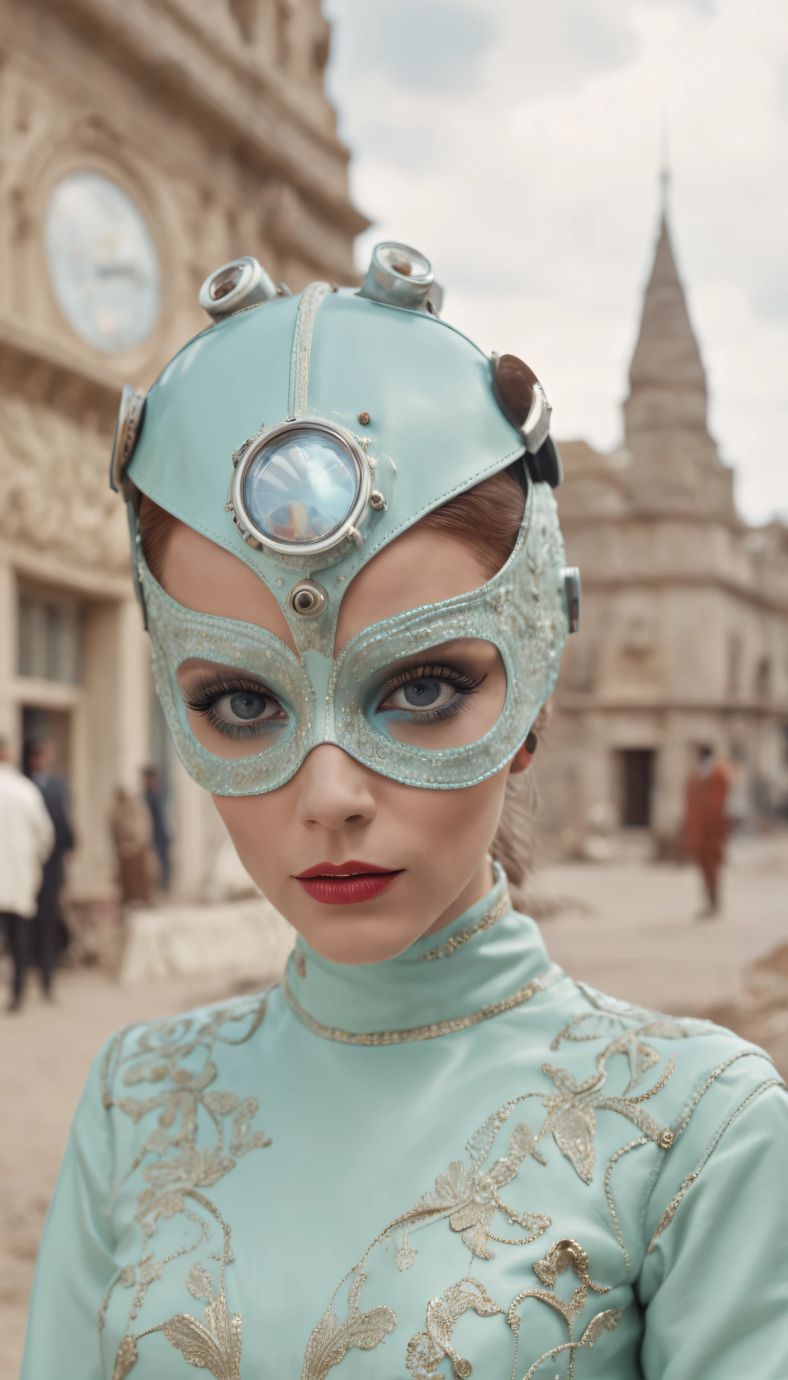 8k portrait of a 1960s science fiction film by Wes Anderson, Vogue anos 1960, pastels colors, There are people wearing weird futuristic masks and wearing extravagant retro fashion outfits and men and women wearing alien makeup and old ornaments with mechanical pets in town, Luz Natural, Psicodelia, futurista estranho, fotorrealista, hiper detalhado, foco nítido, Intrinsic, Fuji filmes 55mm,