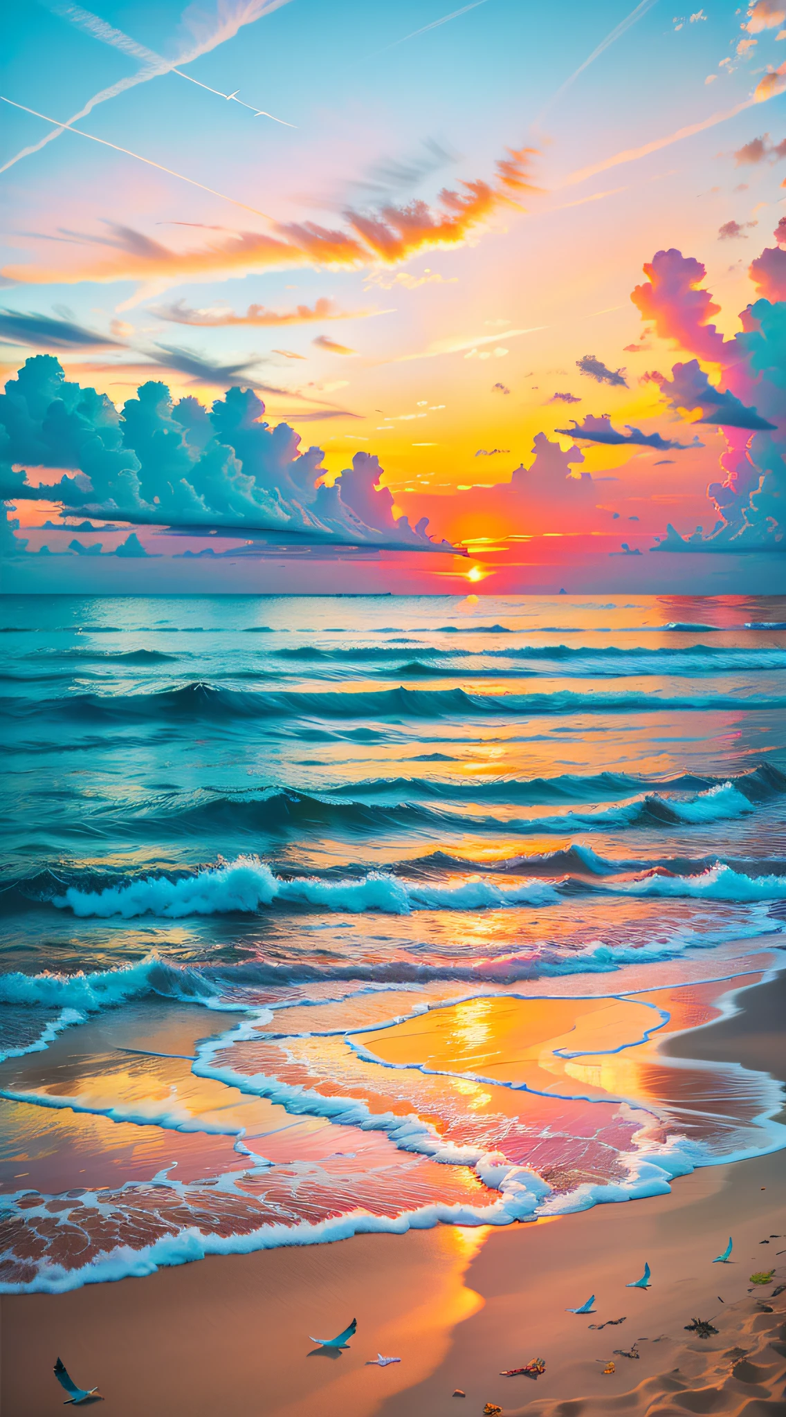 Oranges, pinks and yellows blend together to fill the sky, and the sunset over the beach is truly mesmerizing. The crystal clear waters gently kiss the coast, and the white sand beach stretches out endlessly. It's a dynamic and breathtaking scene with seagulls soaring high into the sky and palm trees gently swaying. Take in the calm atmosphere and peace will wash you away.