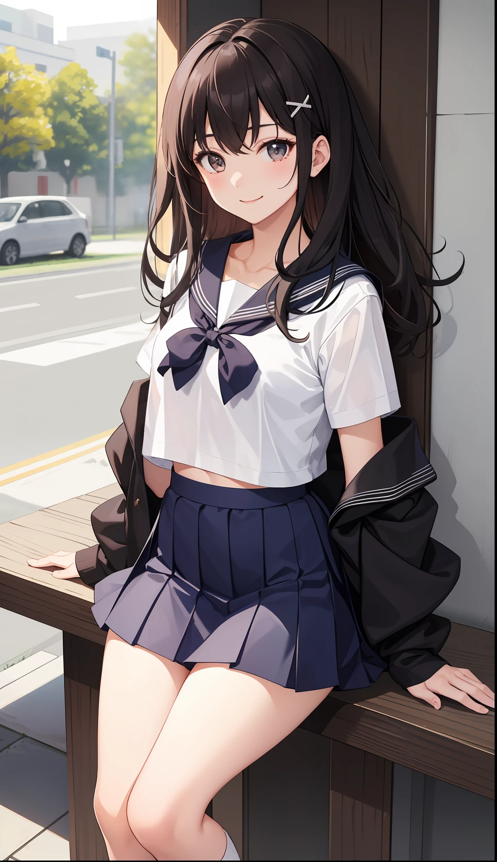 1girl in、AS-Adult、A smile、The shirt、skirt by the、（small tits）Chilarism、Japan High School Student Uniform、serafuku、summer clothing、（Sheer Bra）、Upper body portrait、the wind、