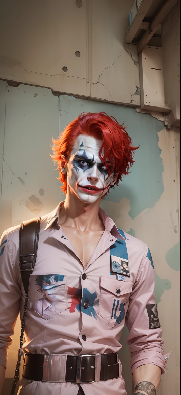 Boy With handphone futuristic background realistic joker face , bule red hair ultra high quality HD