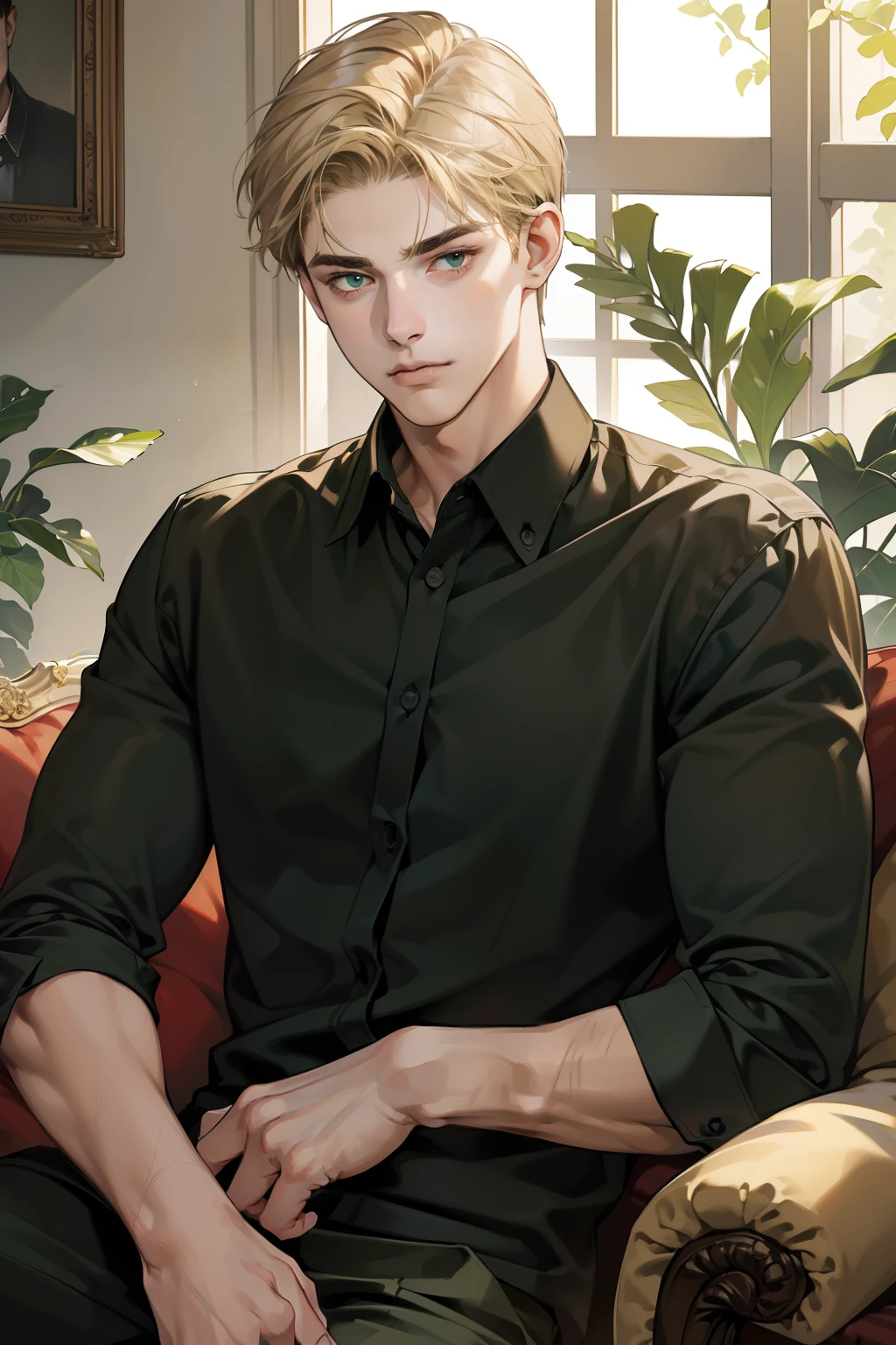 masterpiece, best quality, realistic, 1man, mature male, quiet and charming young man, 18 years old, look serious, closed mouth, portrait, extremely detailed face, a little distant, ((dark green eyes)), ((short-side-swept sandy blonde hair)), [thick eyebrows], living-room, ((black shirt)), sitting