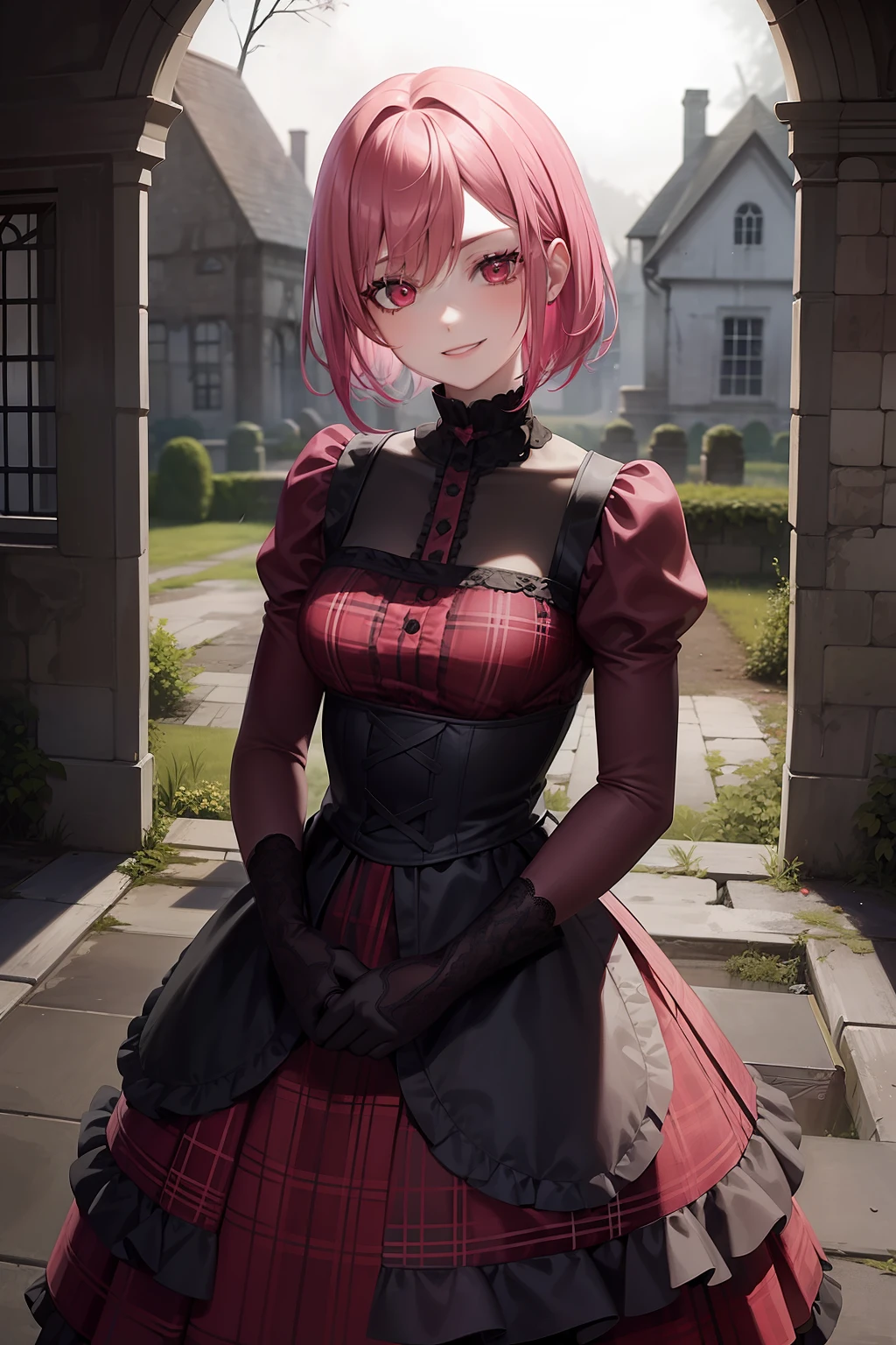 girl, pink hair, bob haircut, Gothic ta, Gothic style, red plaid skirt, red eyes, Face of Beauty, pale skin, smiling, in a ruined mansion, ruined place, empty, red roses in a garden in the background , dark cloudy weather, rain light, dark green filter, intense filter, secret garden tekken 5