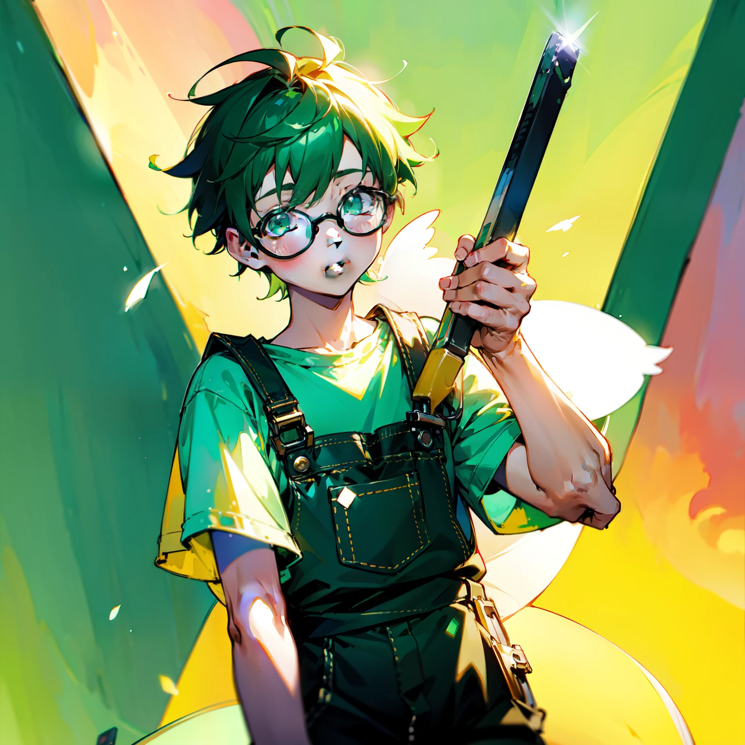 2 blocks of green-haired guy who is a little fat、wears glasses、Wearing overalls、Holding a spanner in your hand、softfocus、Colorful light gradient、watercolor paiting、lensflare、kirakira、Glow、Dreamy