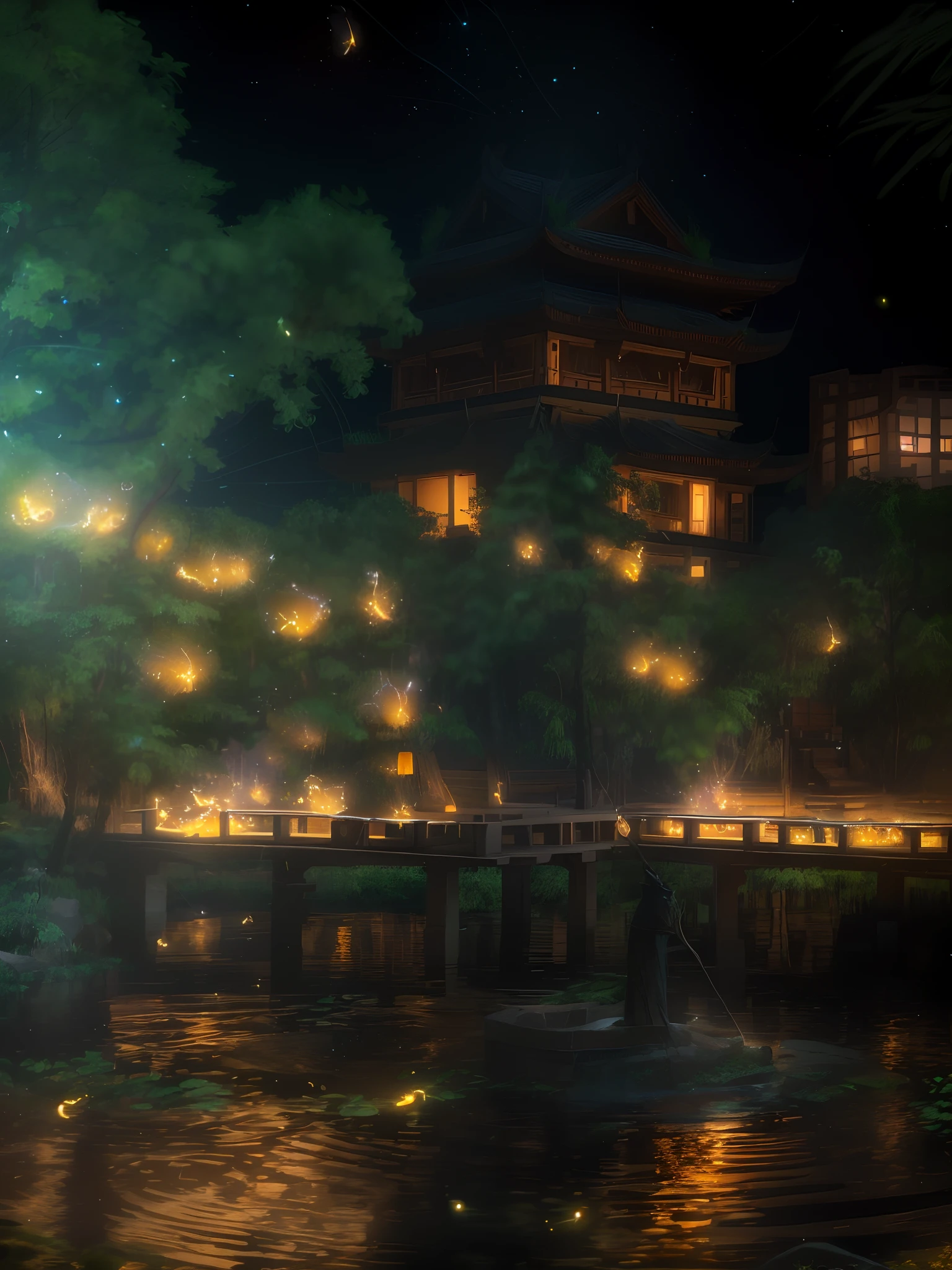 Masterpiece, best quality, (very detailed CG unity 8k wallpaper), (best quality), (best illustration), (best shadows), glow sprite, with a glowing deer, in the swimming pool Drinking water, natural elements in the forest theme. Mysterious forest, beautiful forest, nature, surrounded by flowers, delicate leaves and branches surrounded by fireflies (natural elements), (jungle theme), (leaves), (twigs), (fireflies), (particle effects) etc. 3D , Octane rendering, ray tracing, super detailed