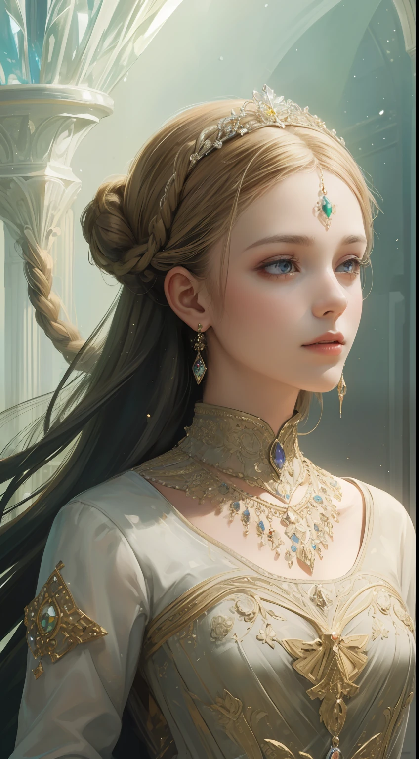 (Ultra-high quality masterpiece，Beautiful bust of an 18-year-old noble girl，Classical braids，The eyes are shiny and clear，Floral craftsmanship，Crystal jewelry，Ultra-fine details，Soft lighting)