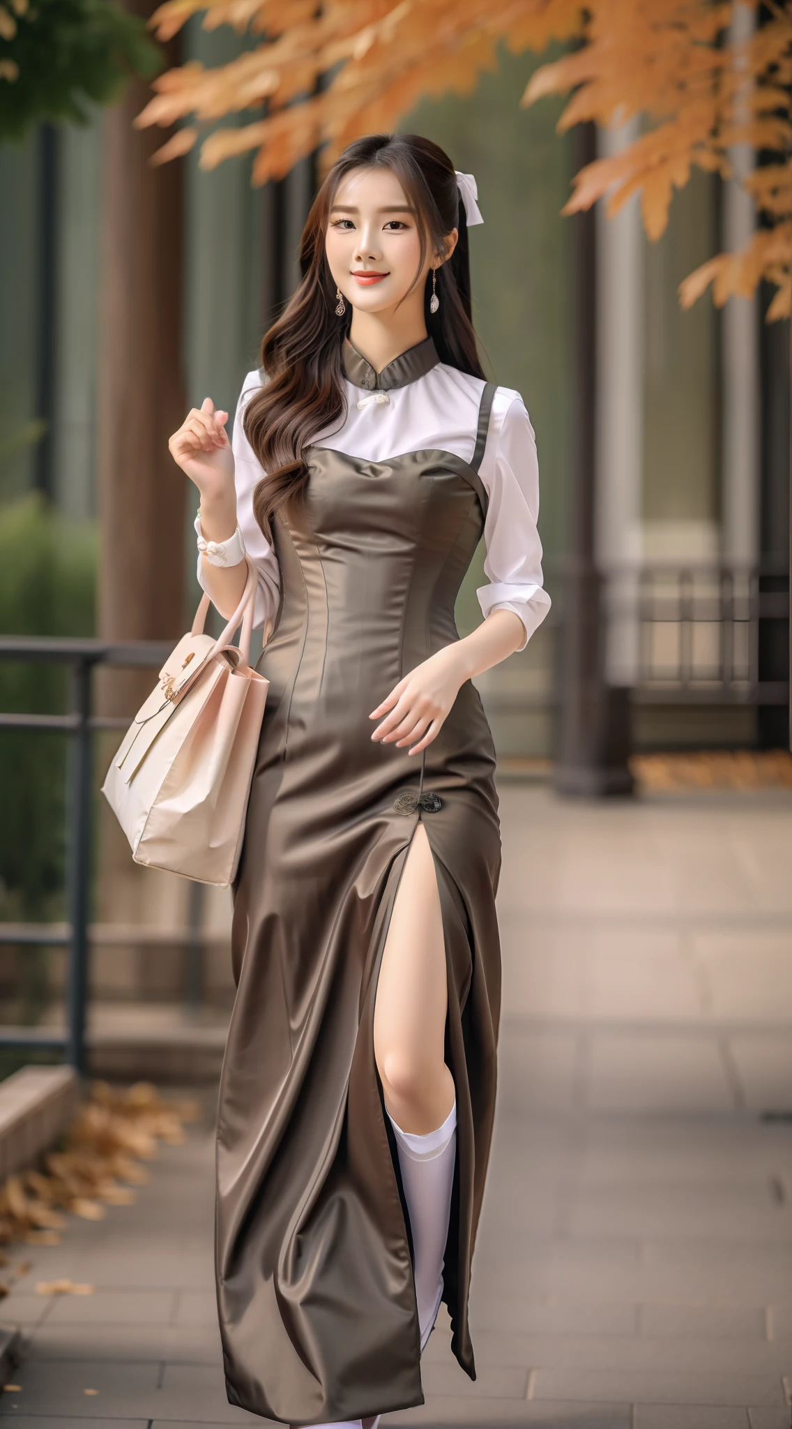 HighestQuali，tmasterpiece，Photo scale 1：4，Woman in light brown dress walking down the street, Wear it in autumn，Outfit，Fashionab，korean women's fashion model, sakimichan hdri, Gorgeous young Korean woman, Choi Hyun-hwa, trending on cgstation, beautiful Korean women, sakimichan, jaeyeon nam, Beautiful young Korean woman, inspired by Sim Sa-jeong, brown corset，Gray corset，The right hand naturally droops，Left hand finger repair，Fingers are normal，Carrying a bag，Hold the bag in your hand，Bag in hand。Star face，looks into camera，looking at viewert，Sweet smile，ssmile，high-heels，Flesh-colored stockings