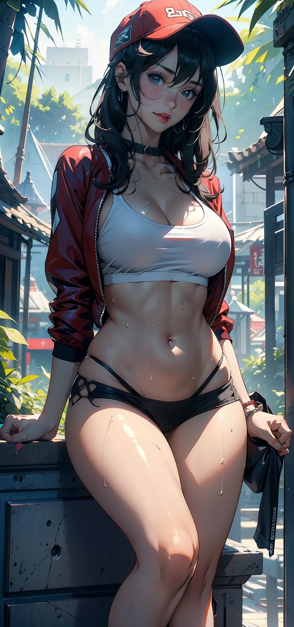 1female，36 years old，熟妇，mature，Bigchest，Big breasts Thin waist，extra long leg，Raised sexy，Pornographic exposure， 独奏，（Background with：bamboo forrest，clubs） She has very short black hair，standing on your feet，Sweat profusely，drenched all over the body，seen from the front， hair straight， mostly cloudy sky，（（（tmasterpiece），（Very detailed CG unity 8K wallpaper），best qualtiy，cinmatic lighting，detailed back ground，beatiful detailed eyes，Bright pupils，（Very fine and beautiful），（Beautiful and detailed eye description），Black eyes，Redlip，ultra - detailed，tmasterpiece，）），facing at camera，（The upper part of the body），A high resolution，ultra - detailed），revealing breasts，Bare genitalia，  Bulge，legs are open，sexyposture，Camel toes，Flushed complexion，Open-mouthed，frontage，Slave girl collar（Wearing：baseball cap，Red baseball jacket，black colored leggings，athletic sneakers），Full body photo，Show shoes