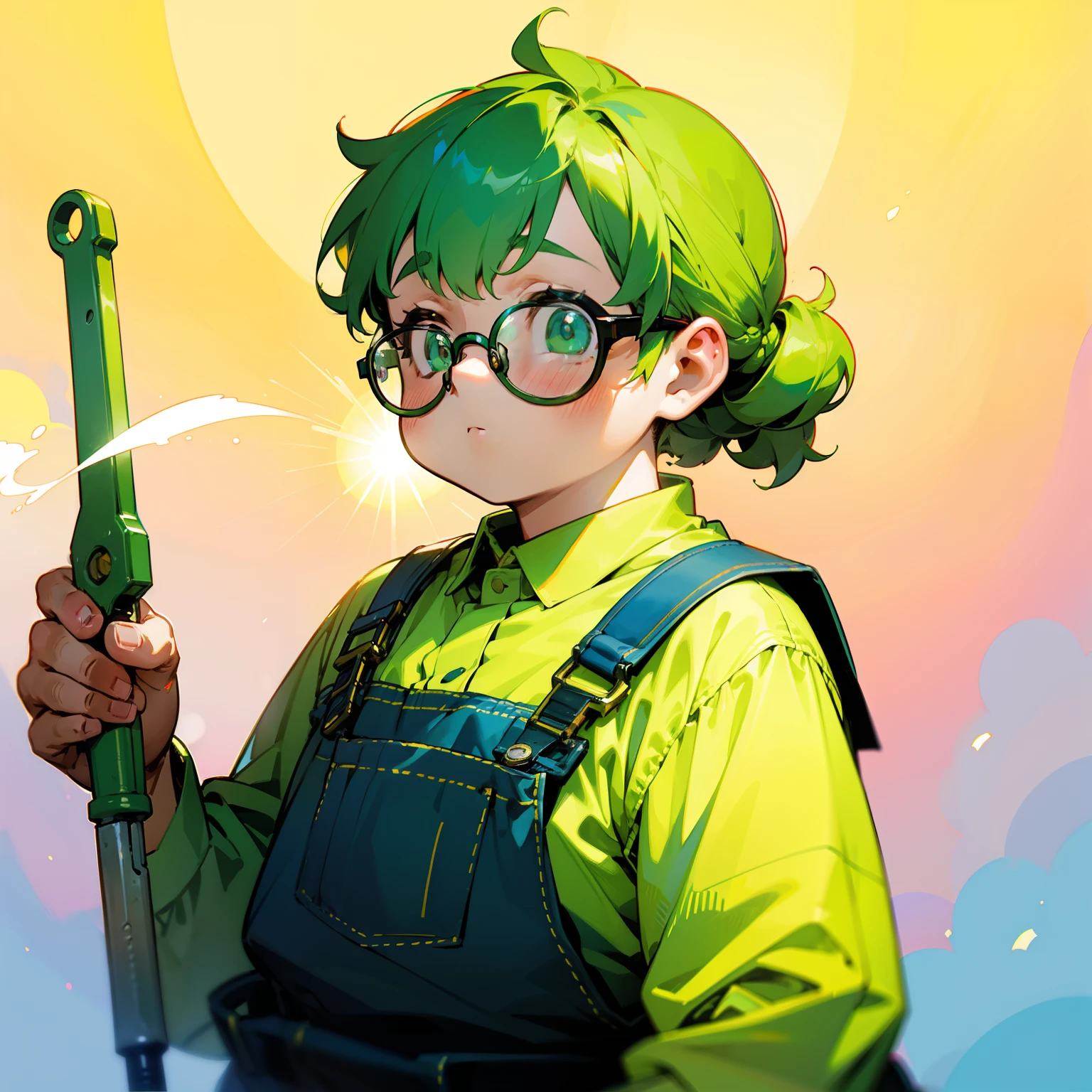 Two-block hairstyle of a little fat green-haired man、wears glasses、Wearing overalls、Holding a spanner in your hand、softfocus、Colorful light gradient、watercolor paiting、lensflare、kirakira、Glow、Dreamy