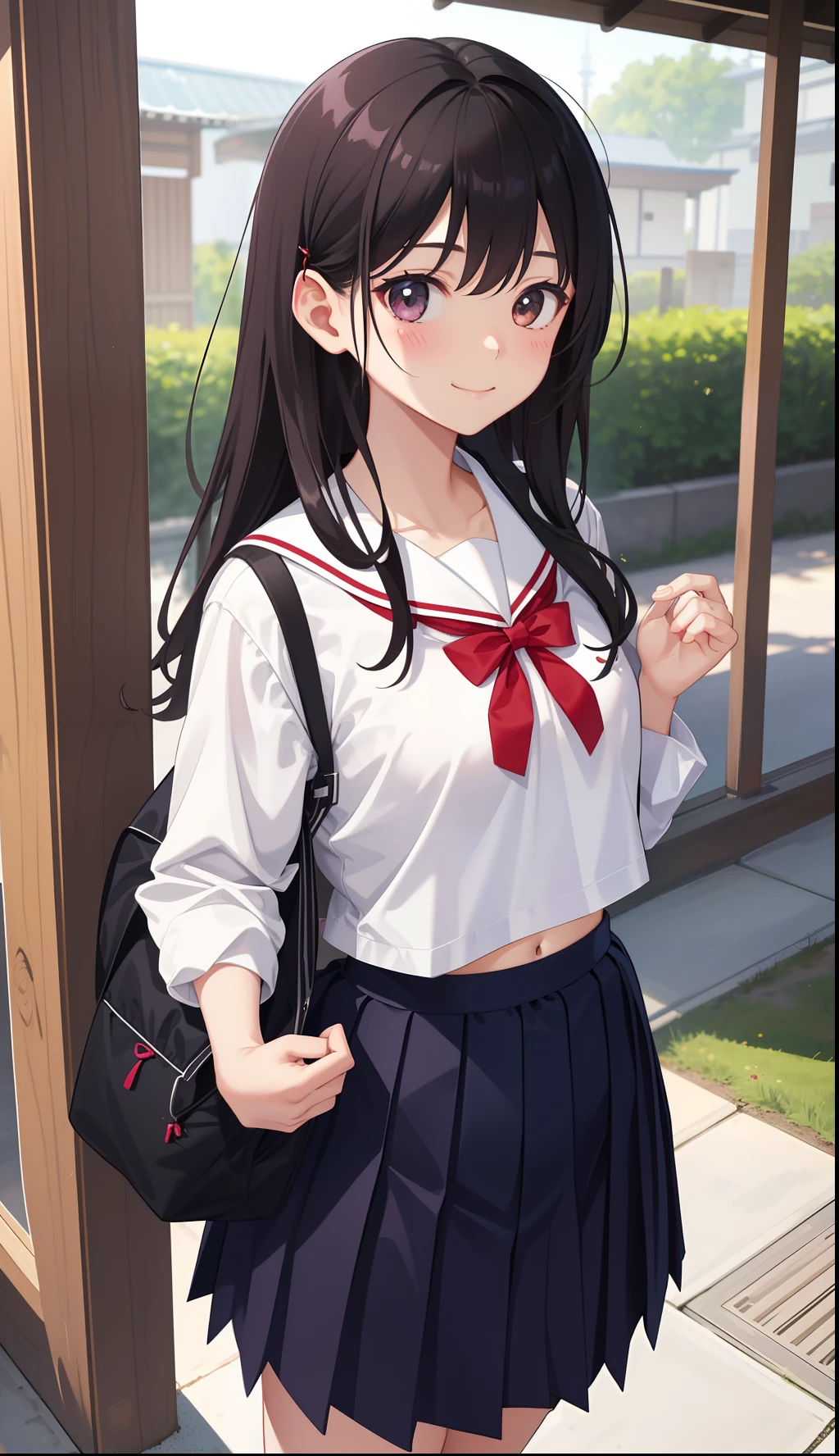 1girl in、AS-Adult、a smile、The shirt、skirt by the、（small tits）Chilarism、Japan High School Student Uniform、serafuku、summer clothing、（Sheer Bra）、Upper body portrait、the wind、Squatting panchira、