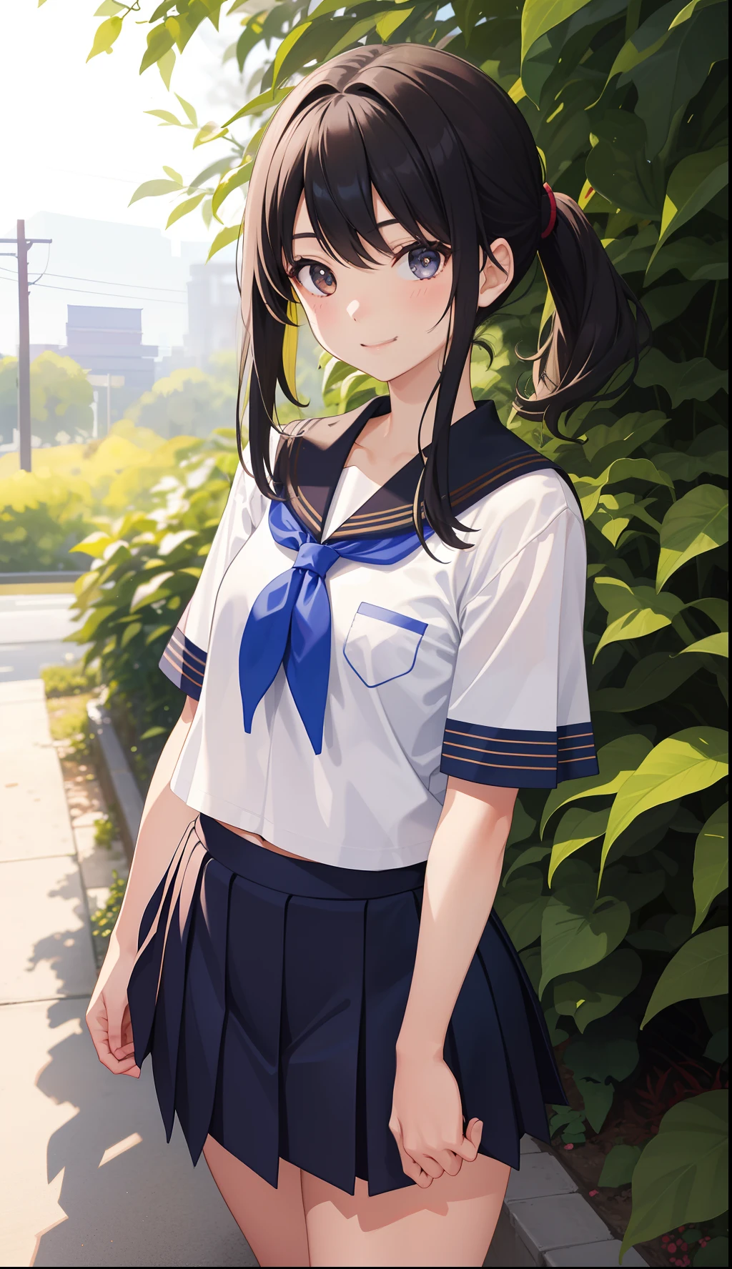 masterpiece, high resolution, outdoor, stairs, from behind, focus on ass, (15 year old girl:1.2), (solo:1.1), (teenager), (black hair), medium ponytail, (blunt bangs:1.5), (black eyes:1.1), (cool face:1.2), small breasts, BREAK smile, sailor suit, navy pleats long skirt, panties shot, white panties