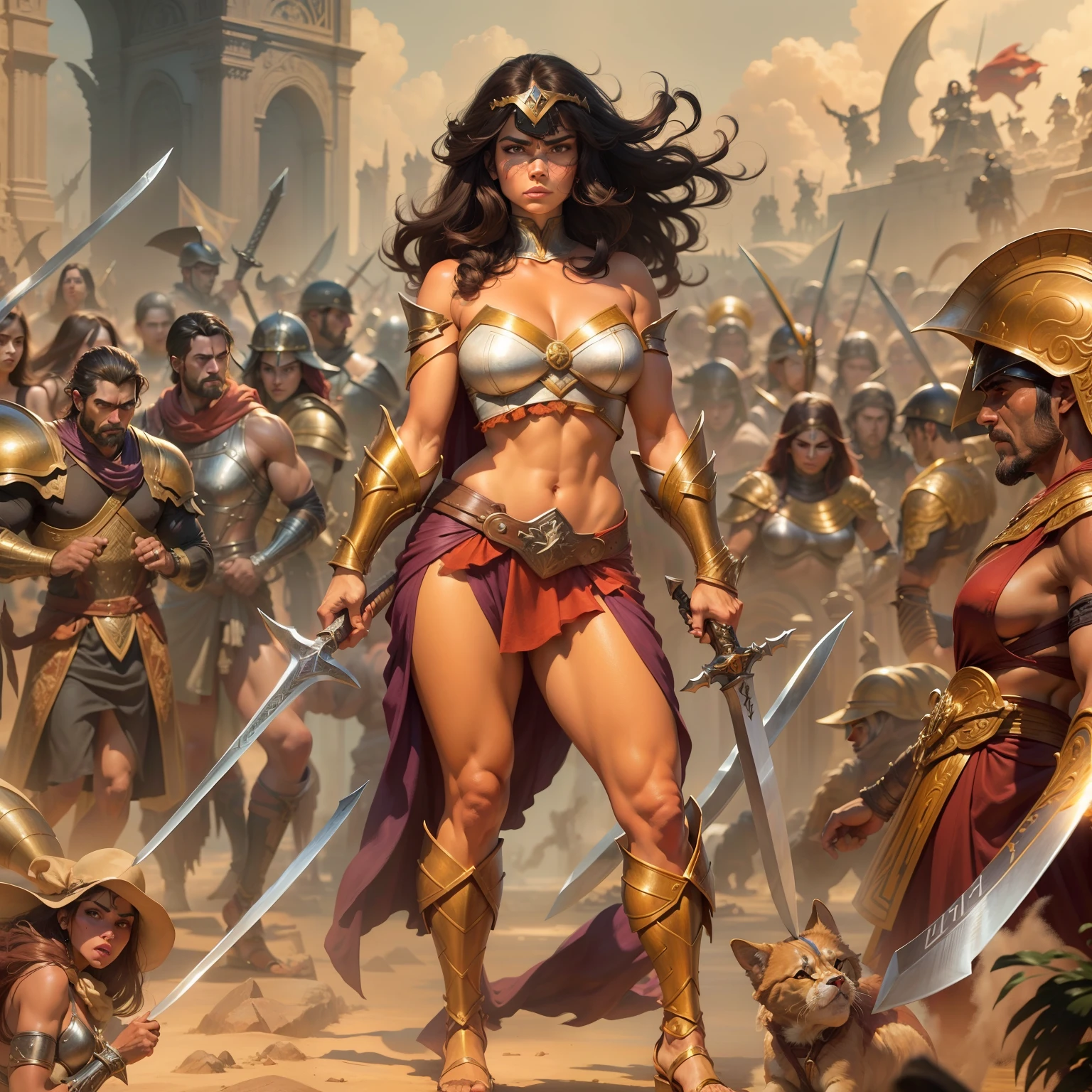 Arte por John Buscema similar. selvagem,mulher guerreira, muito bonita,cabelos vermelhos compridos,olhos escuros sombrios,seios grandes,usando armadura feminina galesa, wearing sandals,standing with a sharp sword in his hand,standing in front of your enemies in an arena