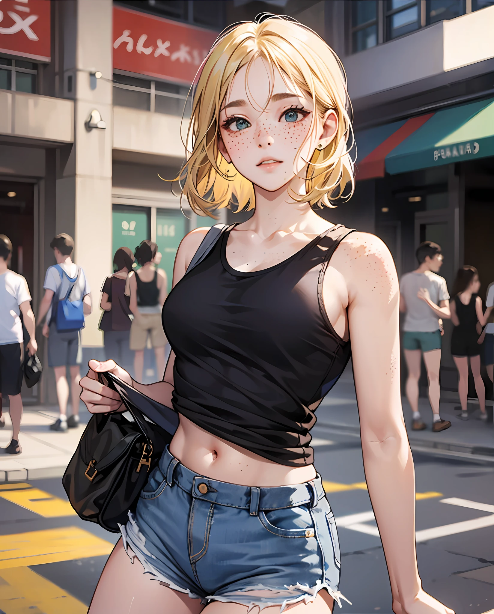 blonde hair , black tank top, lifting shirt up, shorts, standing in public, (highly detailed clothes:1) (highly detailed face:1) (freckles:0. 5) --auto --s2