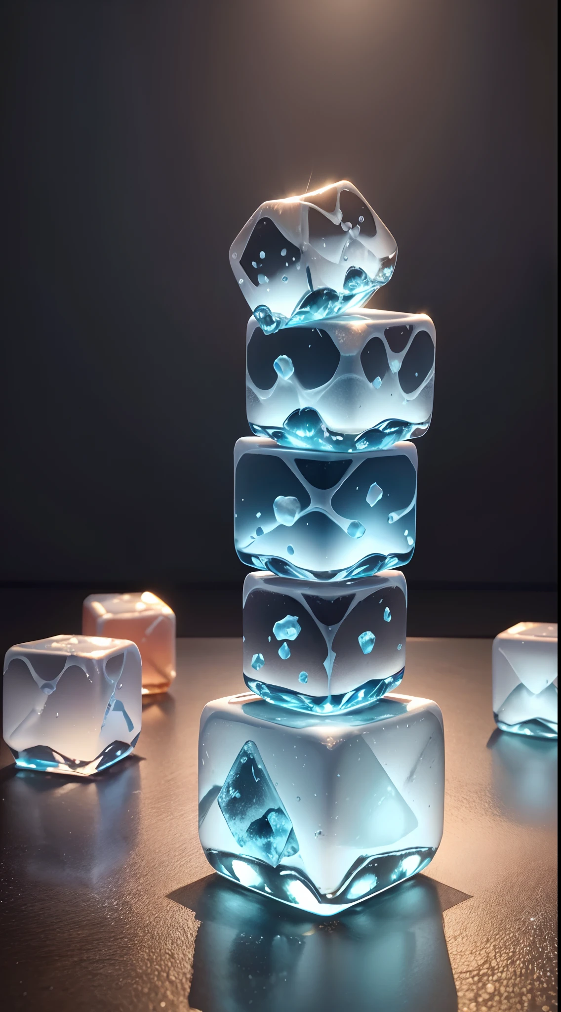 a group of ice cubes sitting on top of a table, ice, ice cubes, melting 4d cubes, liquid cooling, cubes of ice around, cold drinks, one ice cube, blue ice, watercooling, melting ice cube, glinting particles of ice, froz, ice crystals, icy, cold temperature, glittering ice, with ice powers, photography