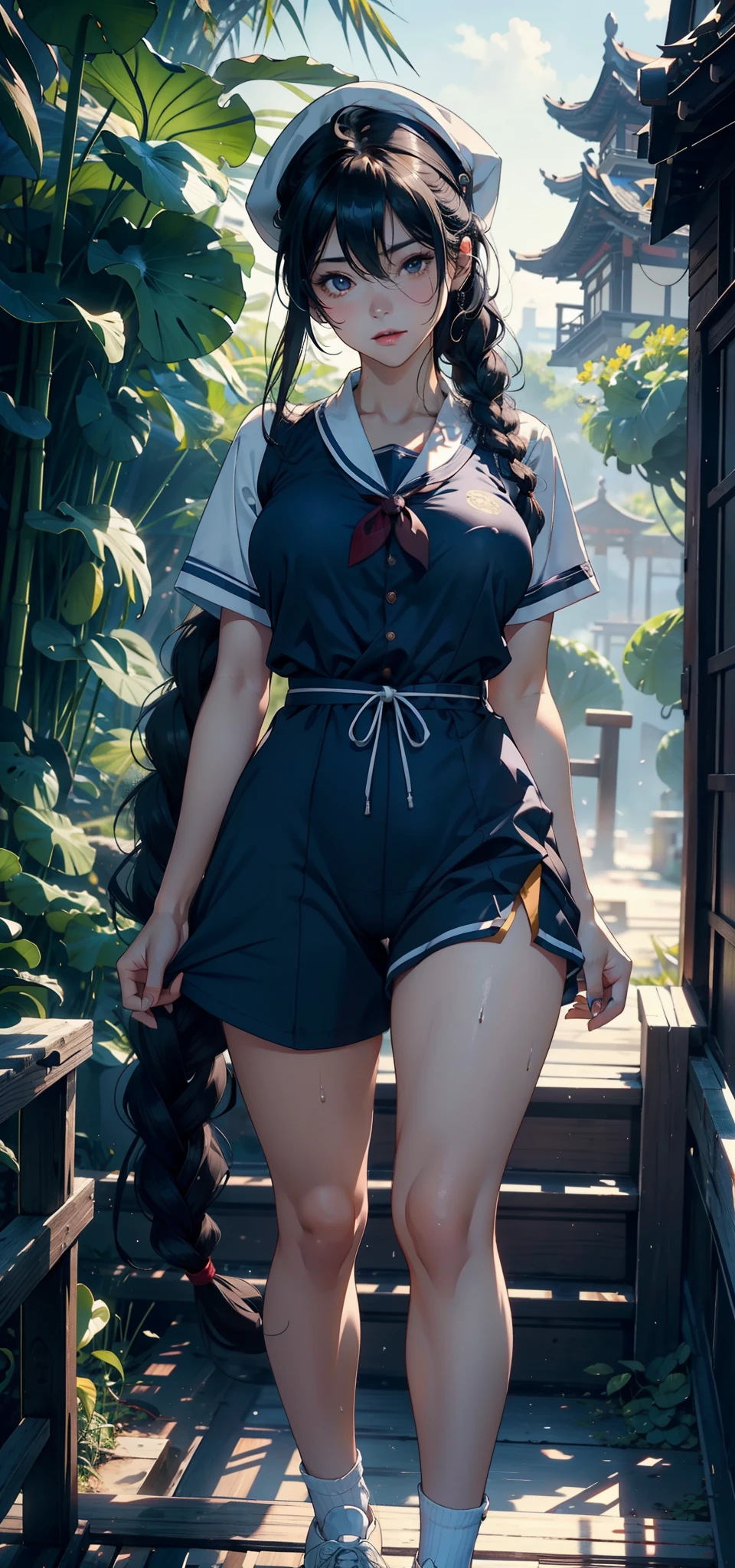 1female,35yo,熟妇,long leges,Big breasts Thin waist,Slim,huge-breasted ,Pornographic exposure, 独奏,(Background with:bamboo forrest,lotuses,lotus flower,exteriors,Lotus pond) She has short black hair,Twist braids,standing on your feet,Sweat profusely,drenched all over the body,seen from the front, hair straight, mostly cloudy sky,(((tmasterpiece),(Very detailed CG unity 8K wallpaper),best qualtiy,cinmatic lighting,detailed back ground,beatiful detailed eyes,Bright pupils,Black eyes,(Very fine and beautiful),(Beautiful and detailed eye description),ultra - detailed,tmasterpiece,)),facing at camera,A high resolution,ultra - detailed),revealing breasts,Bare genitalia, Bulge,legs are open,Raised sexy,Camel toes,Flushed complexion,Open-mouthed,frontage,Sailor's cap(Wearing:Blue sailor uniform,athletic sneakers)Full body photo,Show shoes