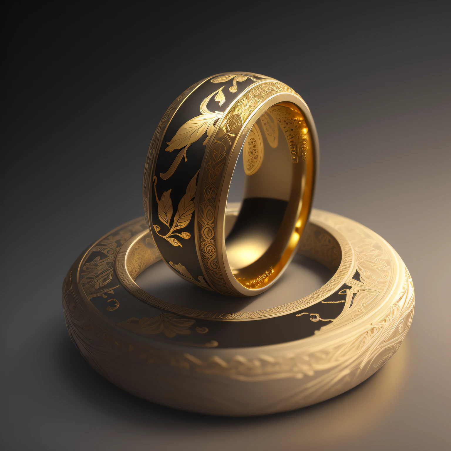masterpiece, best quality, octane render, hdr,
no humans, simple background, black background, grey background, depth of field, gradient background,
(ring), silver, intricate detail, (small gold leaf) in ring,