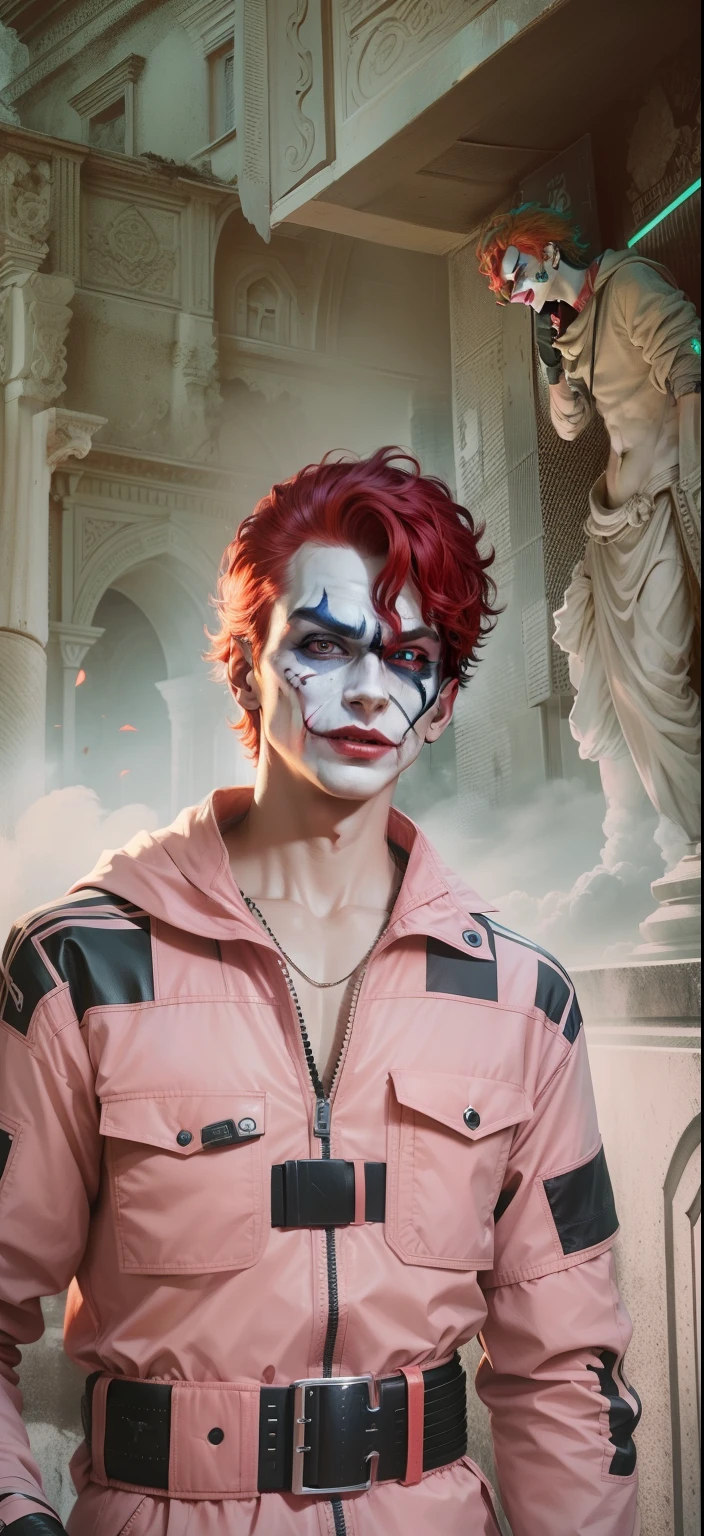 Boy With handphone futuristic Devi background realistic joker face , bule red hair ultra high quality HD