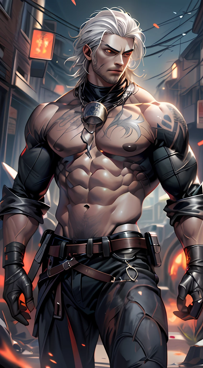 (Libido boy:1.8)Dark boy, Short silver-white hair swaying in the wind, Handsome and handsome clear face, Three-dimensional facial features, Detailed and delicate red pupils, The body exudes evil black gas, Abs,black tattoos,The gas is constantly rising, Flow effects, a panoramic view, uhdr, 巨作, A high resolution, Gothic art, Ray tracing, cinmatic lighting, Action painting, projected inset, f/16, Cowboy shot, ccurate, Super detail, High details, High quality, 8K