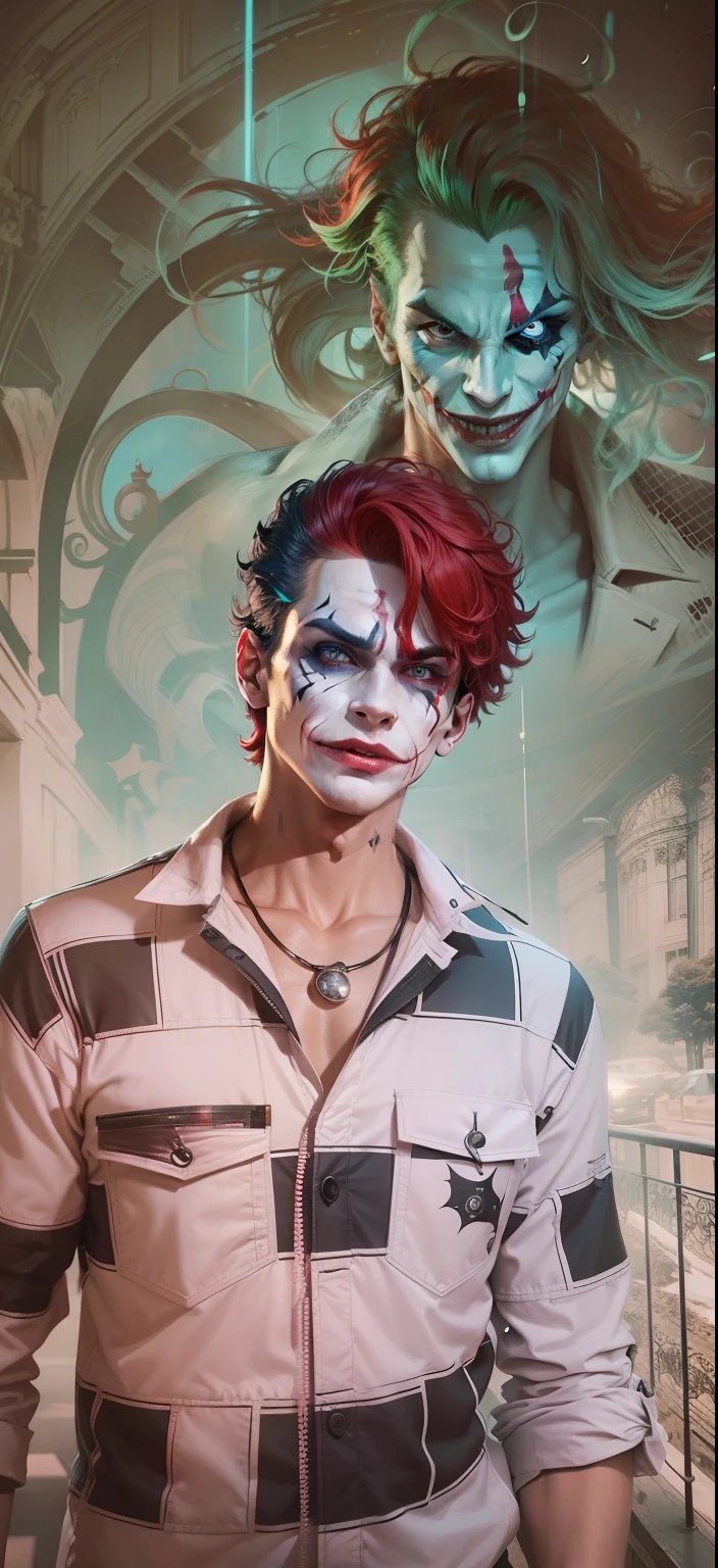 Boy With handphone futuristic Devi background realistic joker face , bule red hair ultra high quality HD
