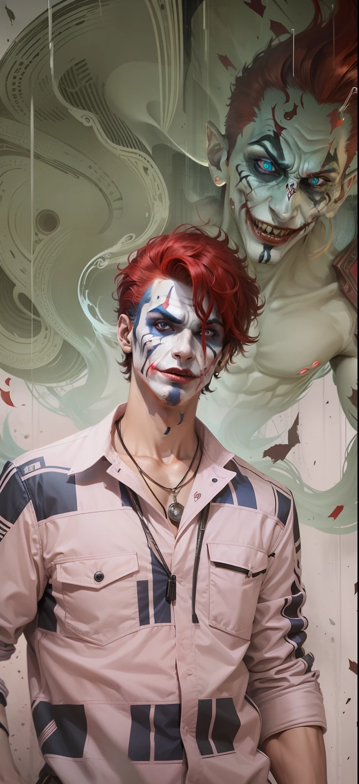 Boy With handphone futuristic Devi background realistic joker face , bule red hair ultra high quality HD