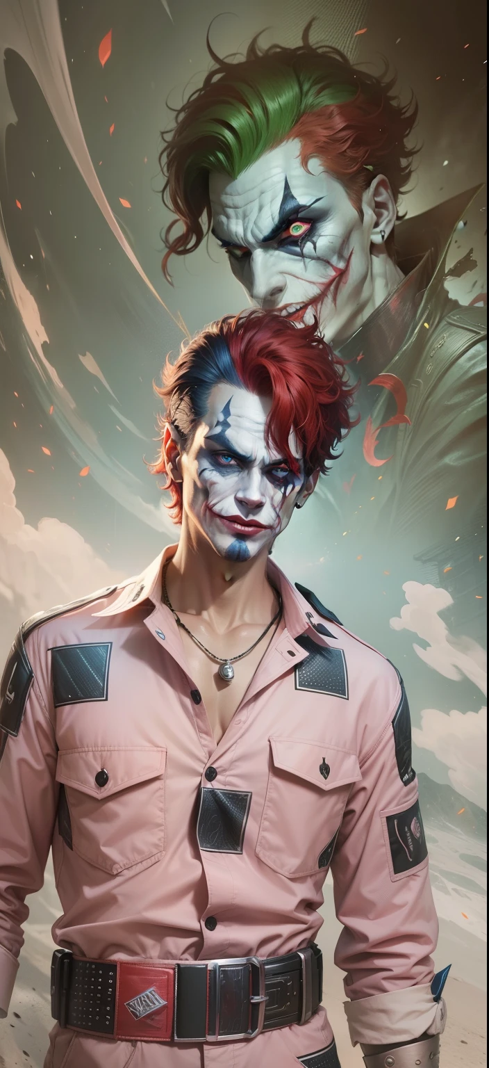 Boy With handphone futuristic Devi background realistic joker face , bule red hair ultra high quality HD