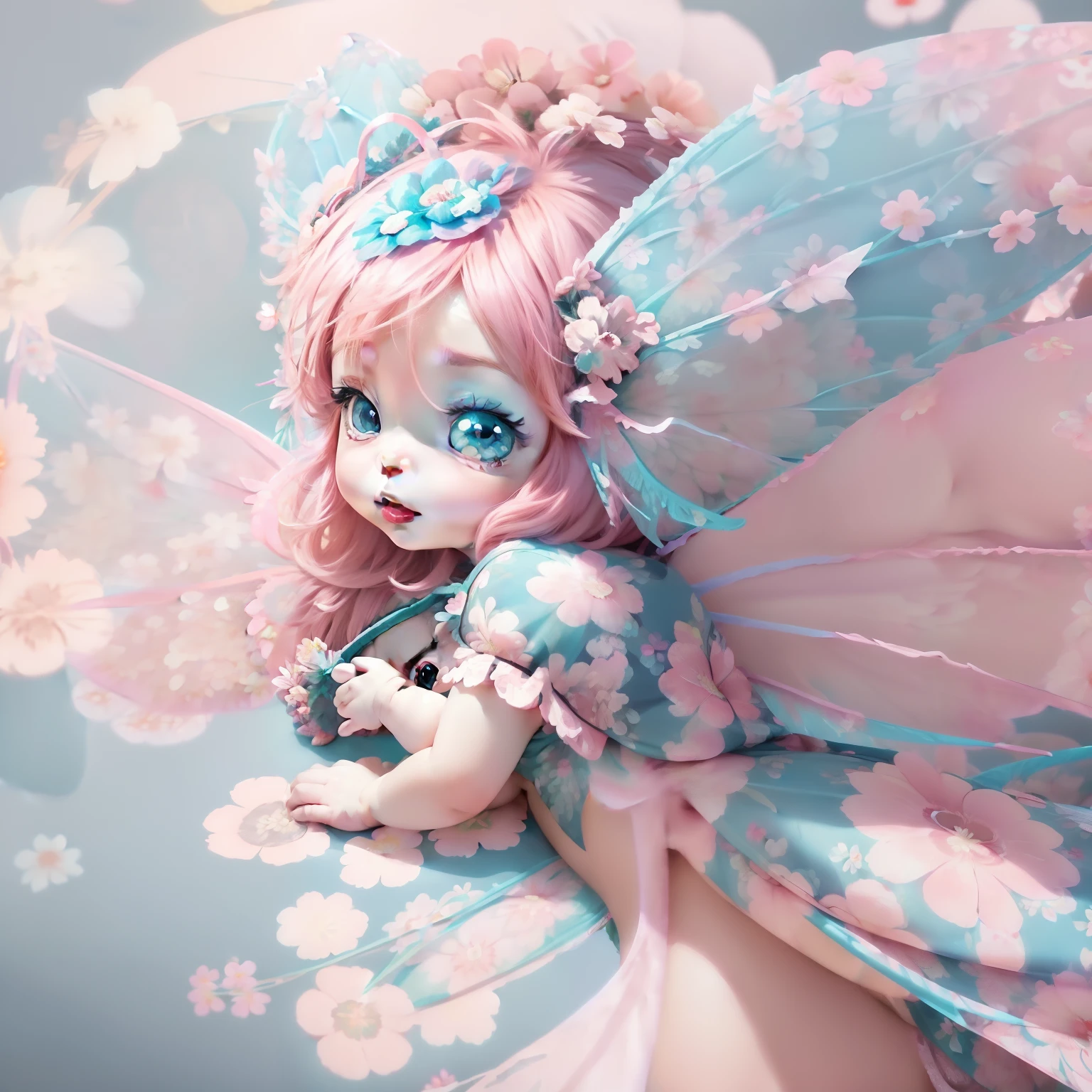 Cute Baby Chibi Anime,pink there,bloo,White the, (Wearing floral fairy wings:1.8)Lots of flowers flutter,Flower storm,closing eye,splatters.