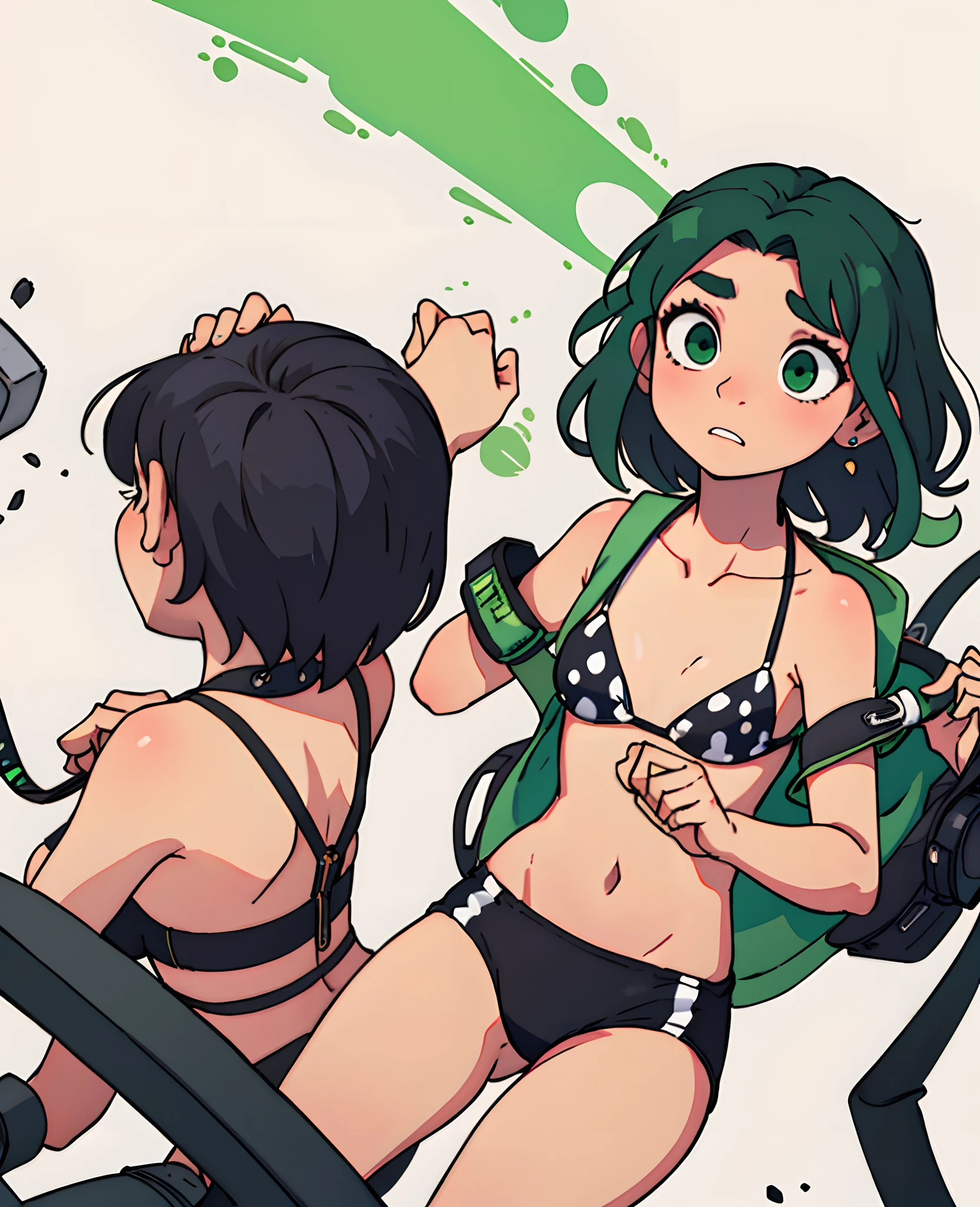 Black and white spotted bikini girl, short green hair, slender legs, medium-sized chest, thin waist, restrained