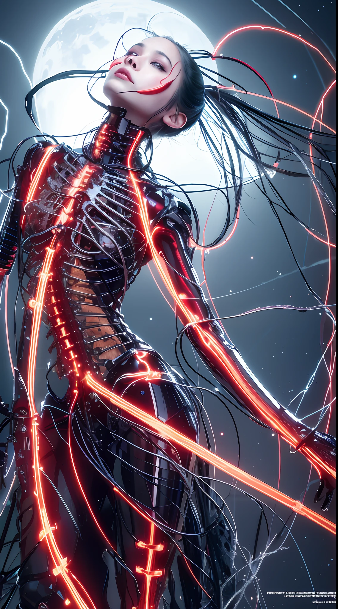 1 Mechanical Girl, (Ultra-realistic detail)), portrait, global illumination, shadows, octane rendering, 8K, ultra sharp, big, cleavage exposed raw skin, metal, intricate ornament details, cold colors, Egyptian details, very intricate details, realistic light, CGSoation trend, purple eyes, glowing eyes, facing the camera, neon details, mechanical limbs, blood vessels connected to tubes, mechanical vertebrae attached to the back, mechanical cervical attachment to the neck, sitting, wires and cables connecting to the head, Evangelion, small LED lamp,