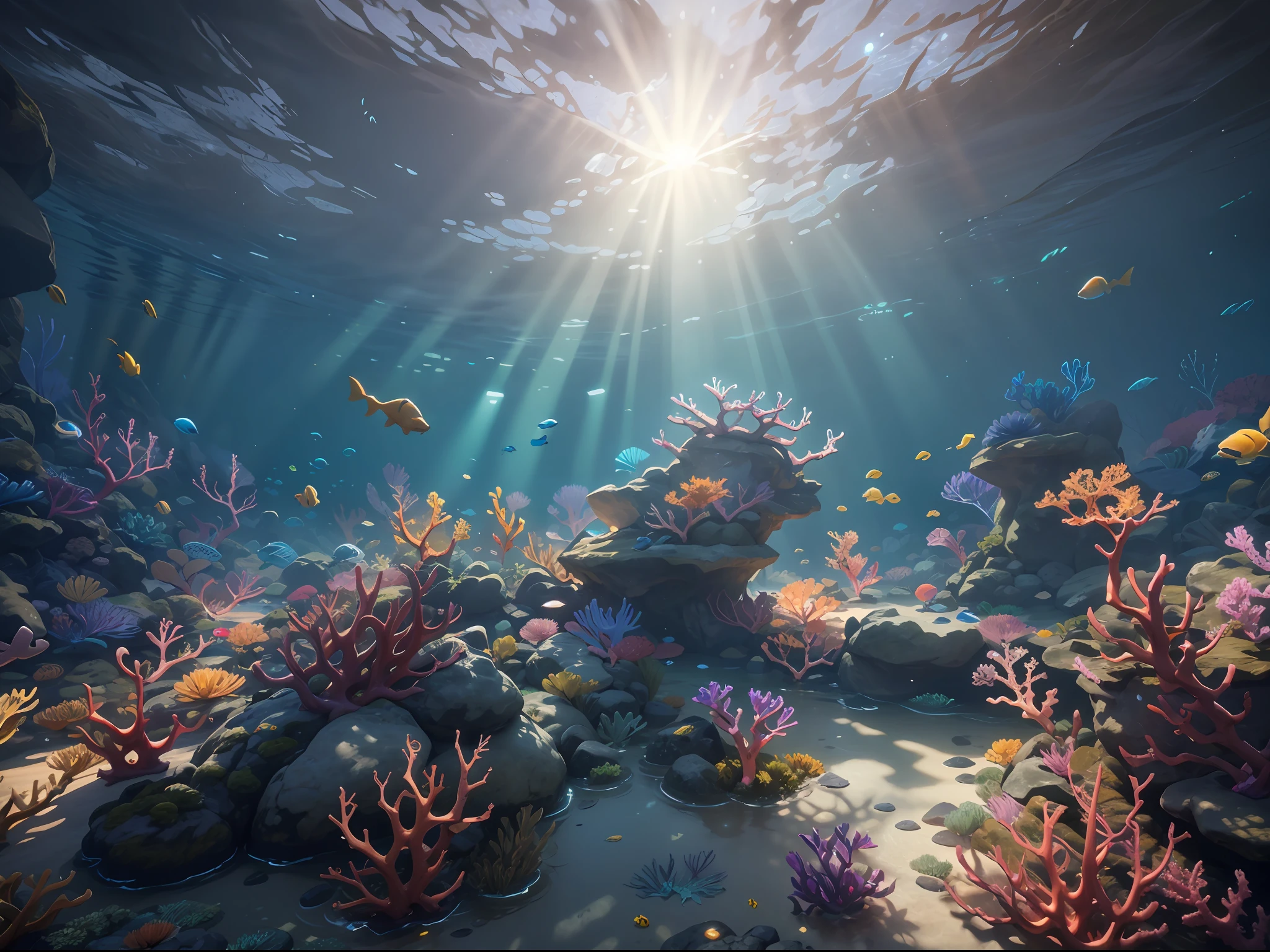 an underwater game scene with fishes and corals, sun shine through the water create an serene feeling, unreal engine five, game style, best quality, masterpiece