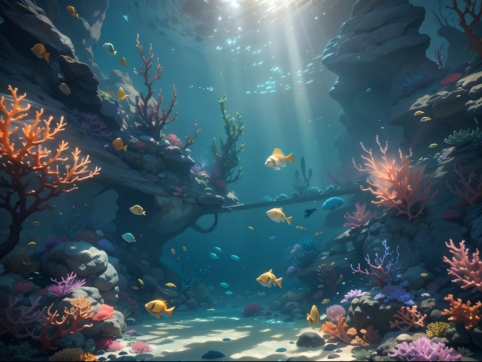 an underwater game scene with fishes and corals, sun shine through the water create an serene feeling, unreal engine five, game style, best quality, masterpiece