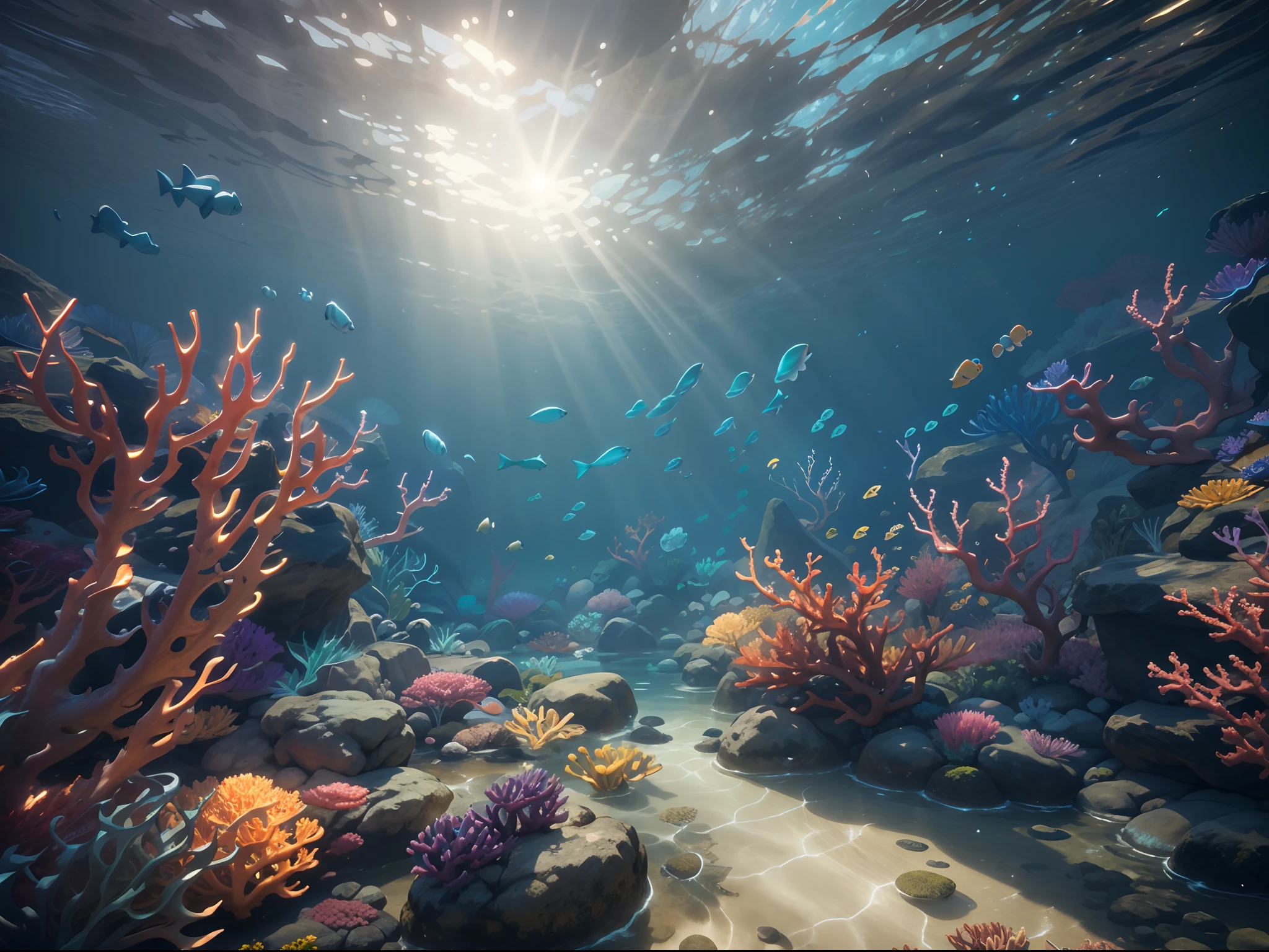 an underwater game scene with fishes and corals, sun shine through the water create an serene feeling, unreal engine five, game style, best quality, masterpiece