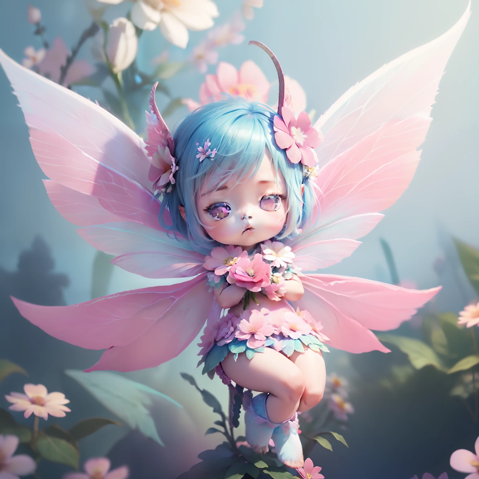 Cute Chibi Anime,pink there,bloo,White the, (Wearing flower fairy wings:1.8)Lots of flowers flutter,Flower Storm,closing eye,splatters.